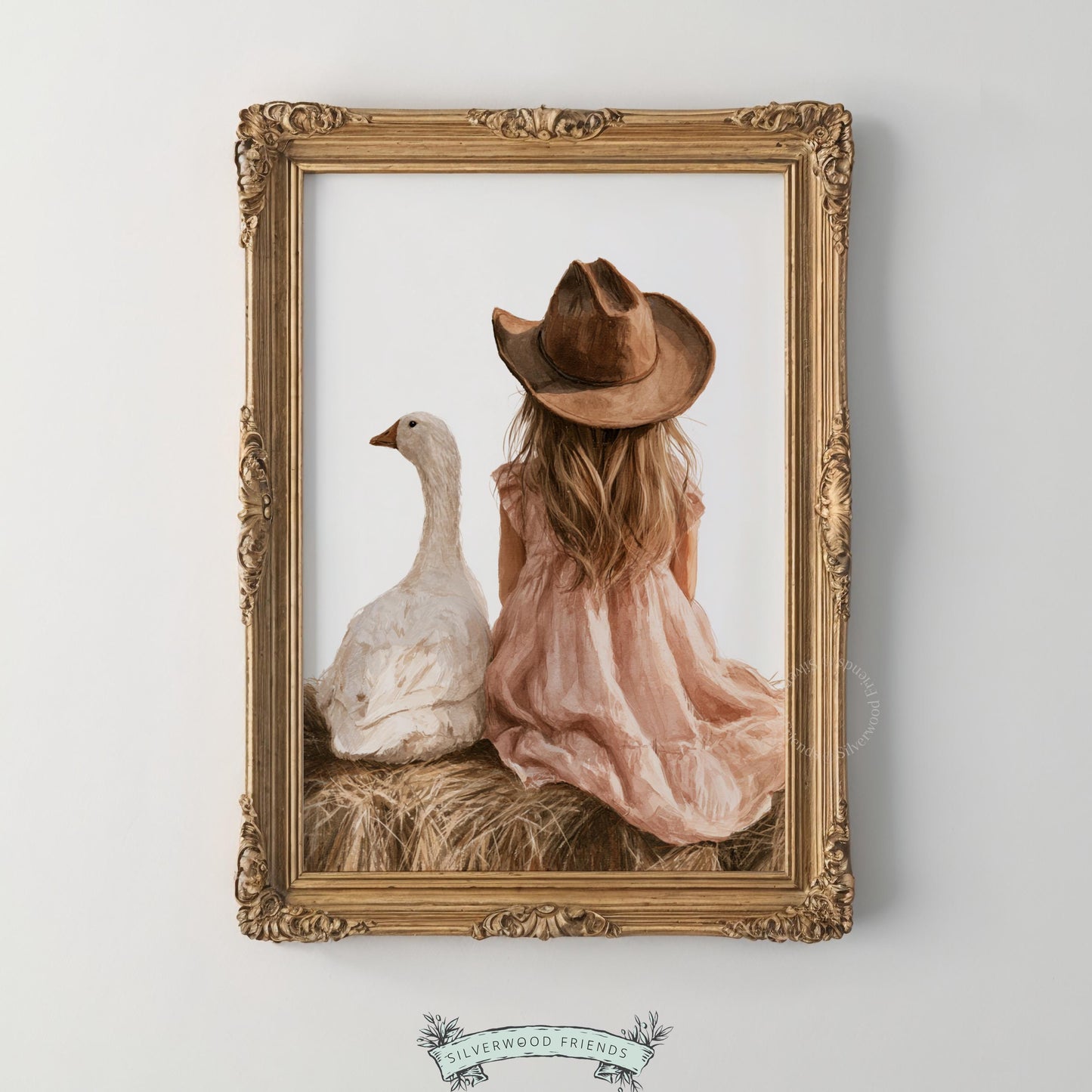 Cozy countryside picture instant download for baby room — girl and goose together, soft warm aesthetic
