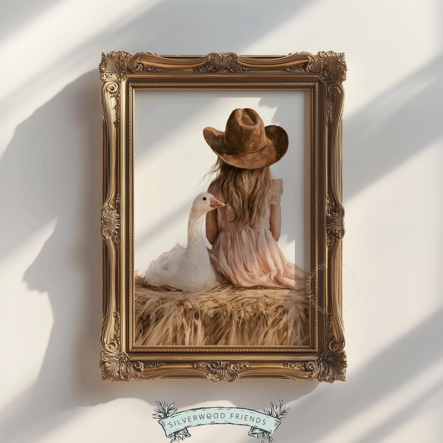 Farm animal and child wall print for infant room — peaceful pastoral composition with soft peachy-brown aesthetic