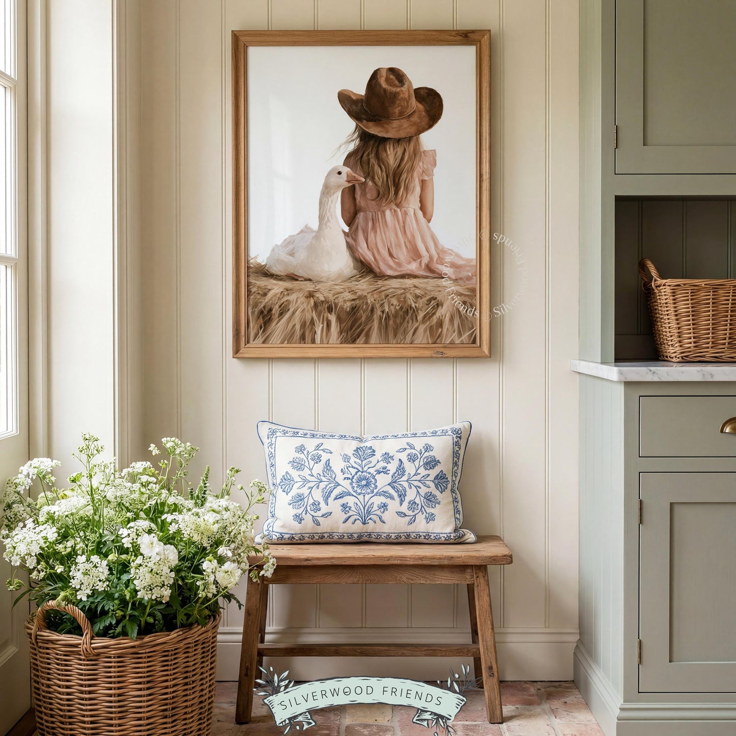 Country child and bird poster for baby wall — dreamy pastoral artwork in soft peachy, brown, and cream tones