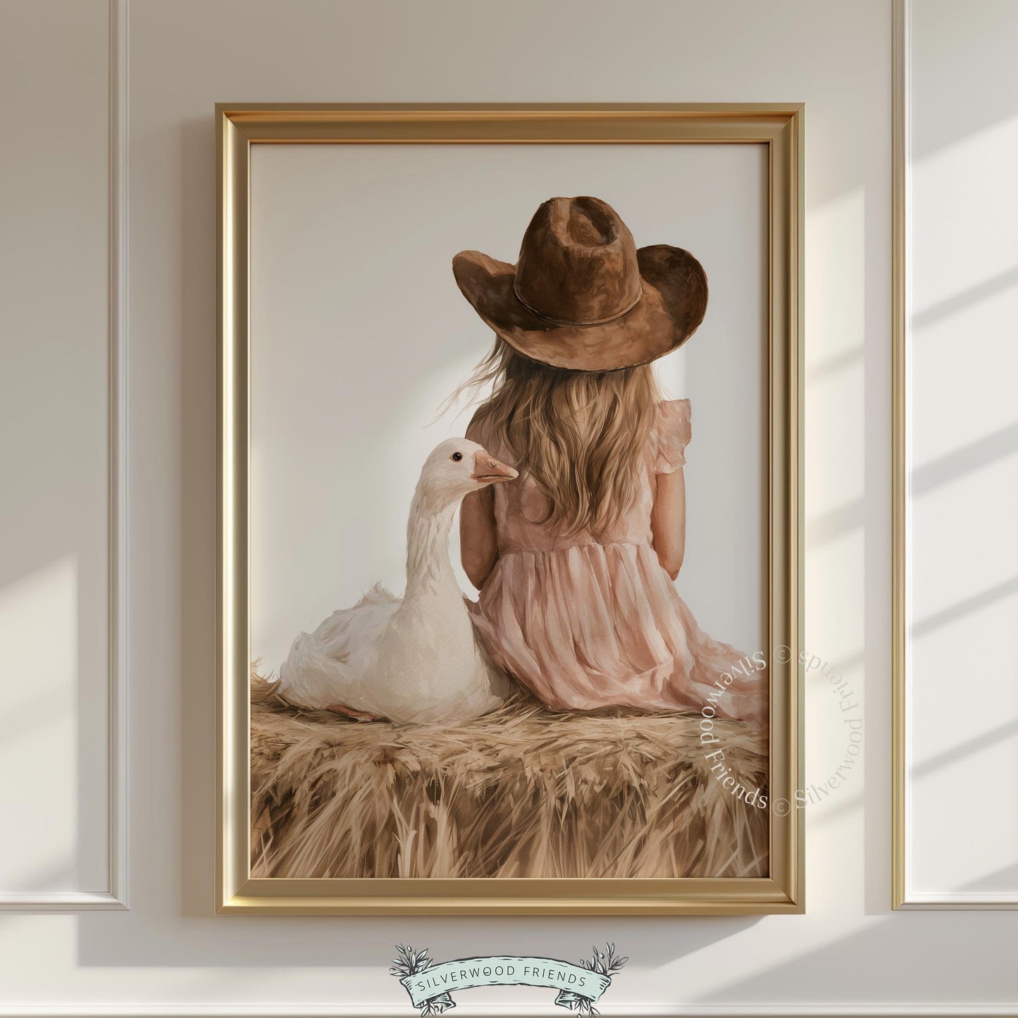 Silly goose and child seated together poster for child's room — whimsical farmhouse illustration with warm neutrals