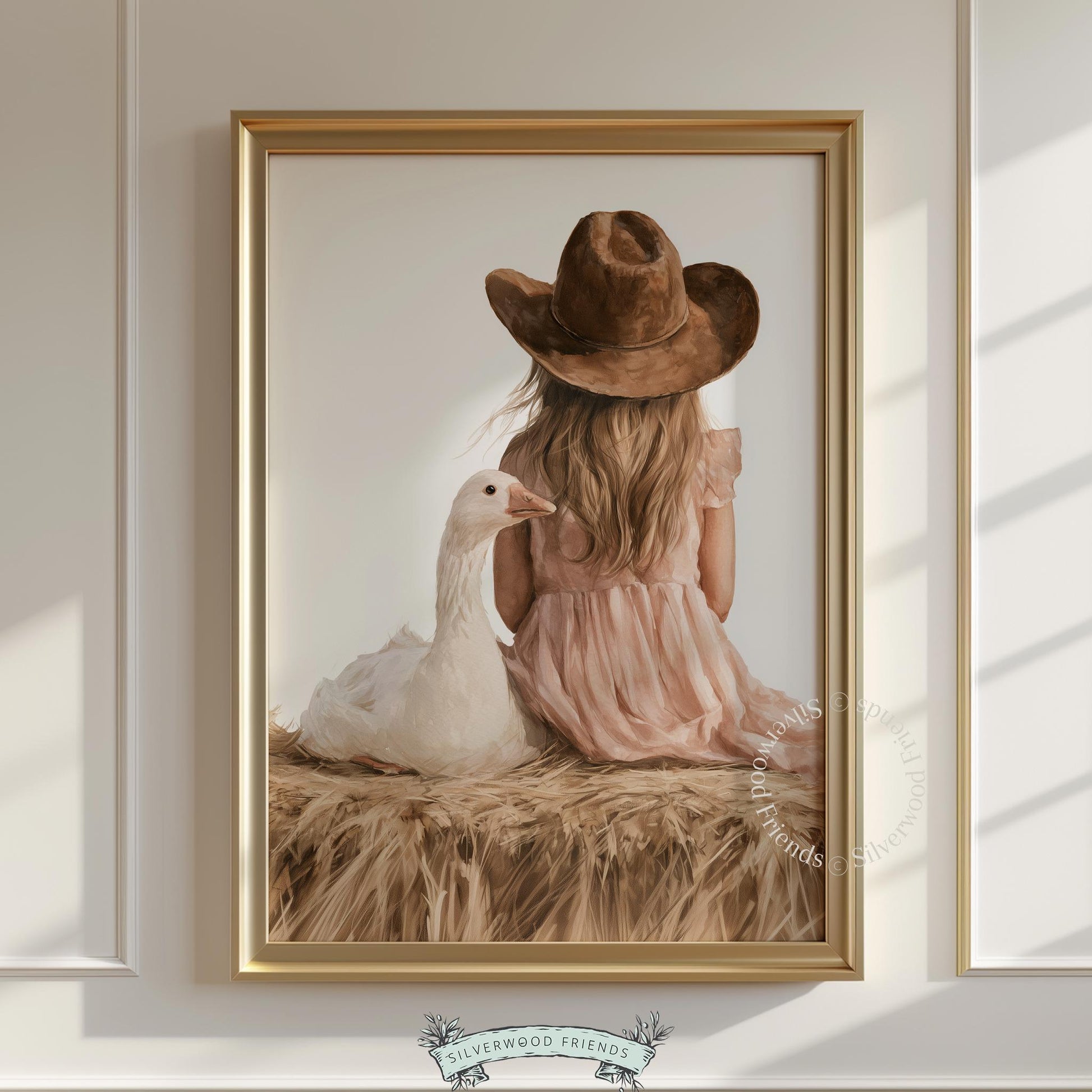 Silly goose and child seated together poster for child's room — whimsical farmhouse illustration with warm neutrals