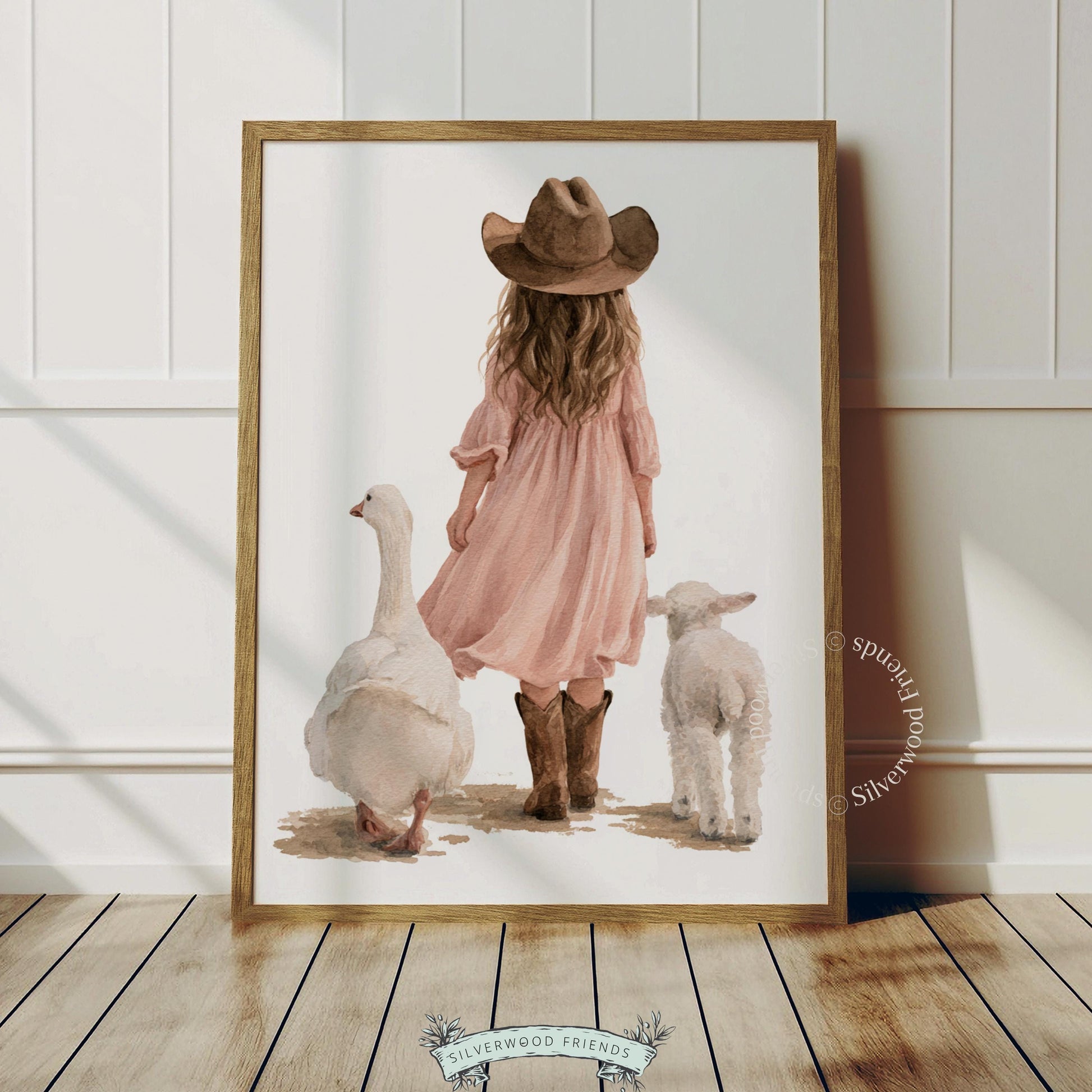 Pink-dressed child with farm animals wall art for kids room — cozy countryside aesthetic in warm cream tones