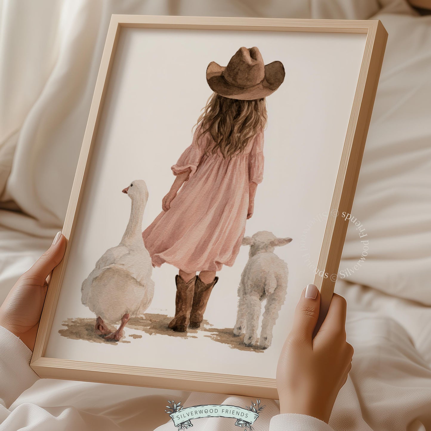 Pastoral children's illustration wall print for toddler room — gentle girl in boots with farm animals in creamy tones