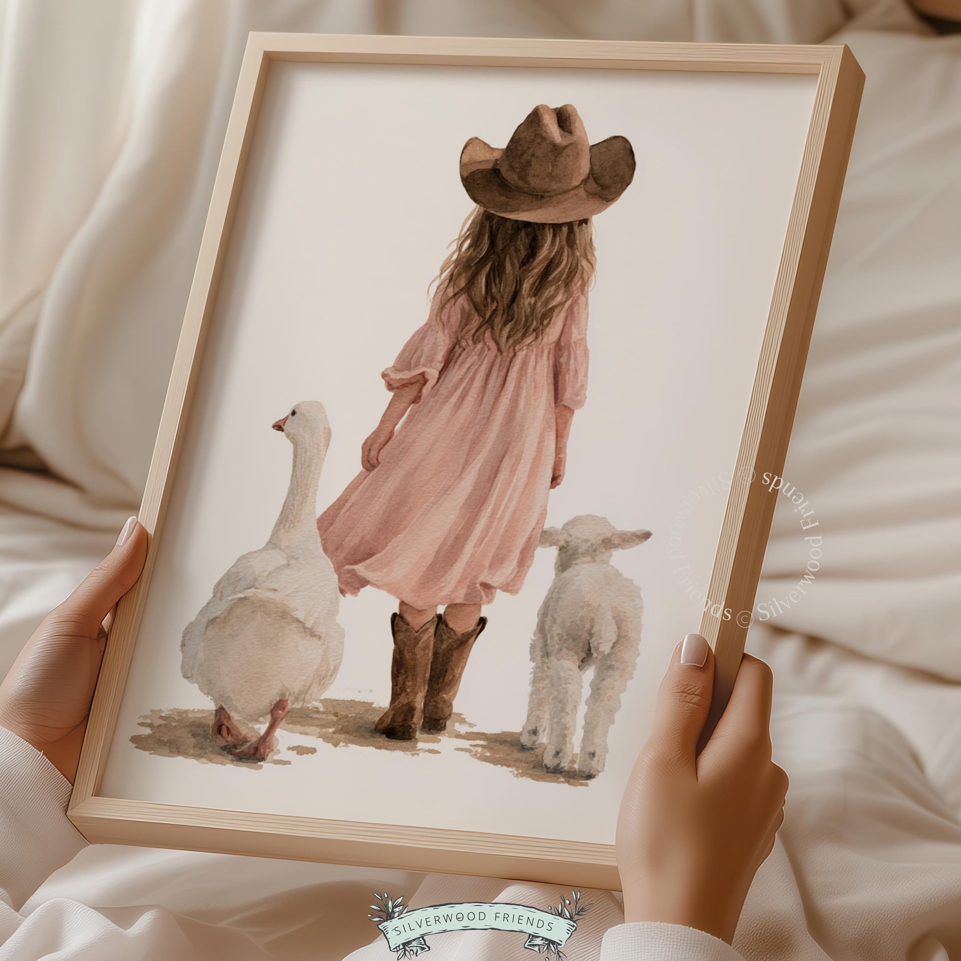 Pastoral children's illustration wall print for toddler room — gentle girl in boots with farm animals in creamy tones
