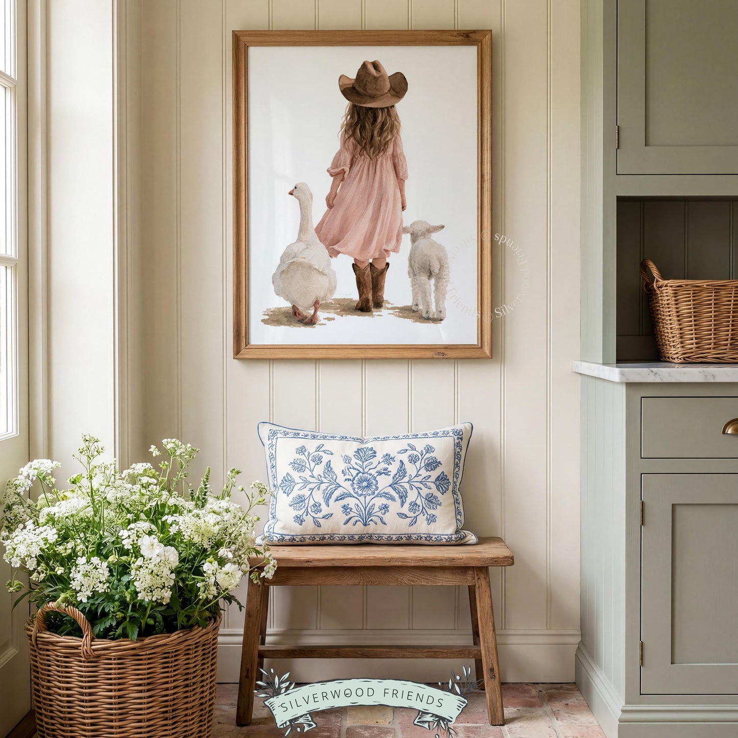 Little cowgirl poster for playroom — charming pastoral scene with white goose and fluffy lamb in blush hues