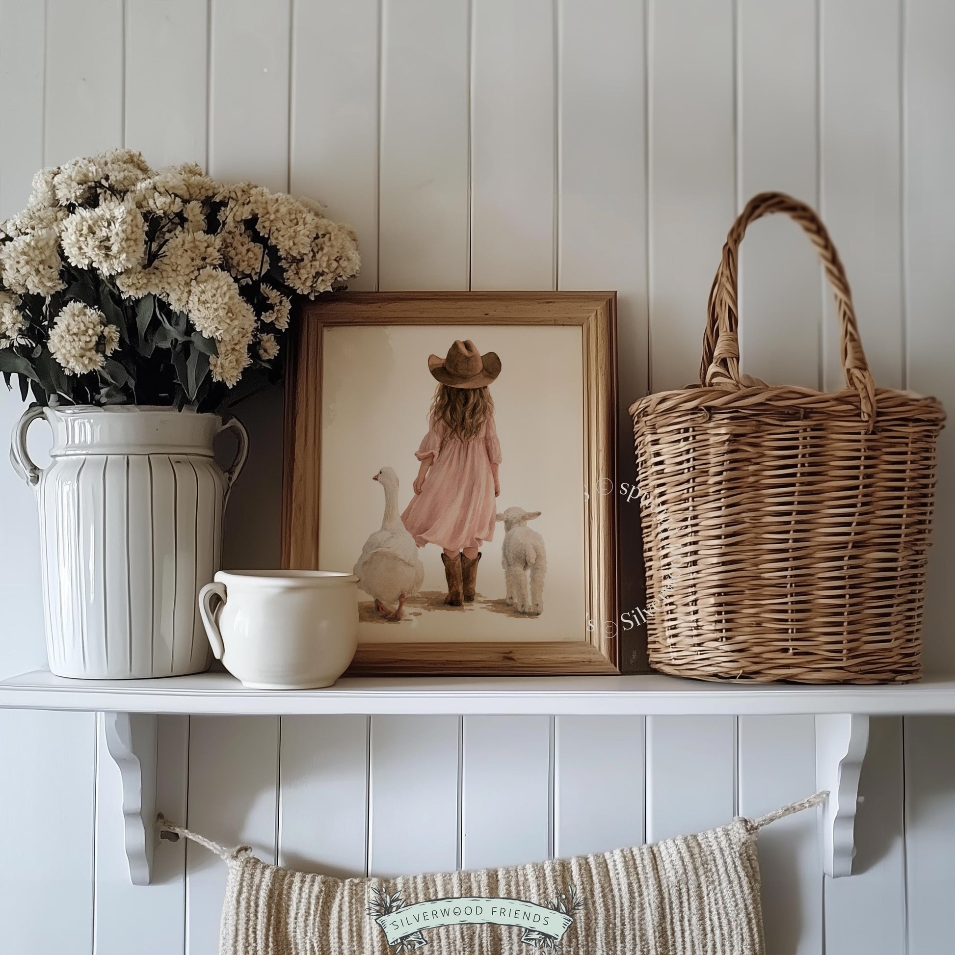 Toddler girl and barnyard creatures digital print for baby room — gentle farmhouse illustration in muted pastels