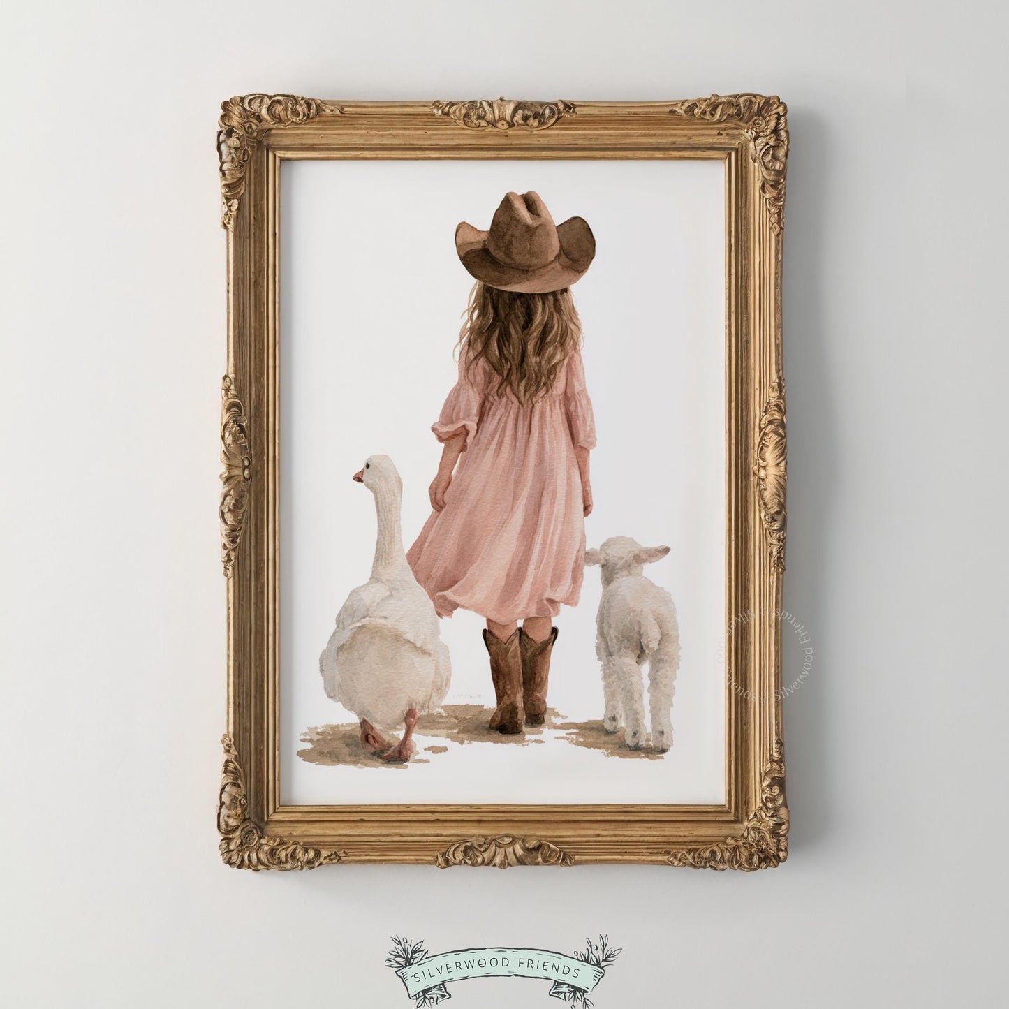 Sweet cowgirl digital art for nursery wall — serene farmhouse landscape with goose, lamb, and child in soft hues