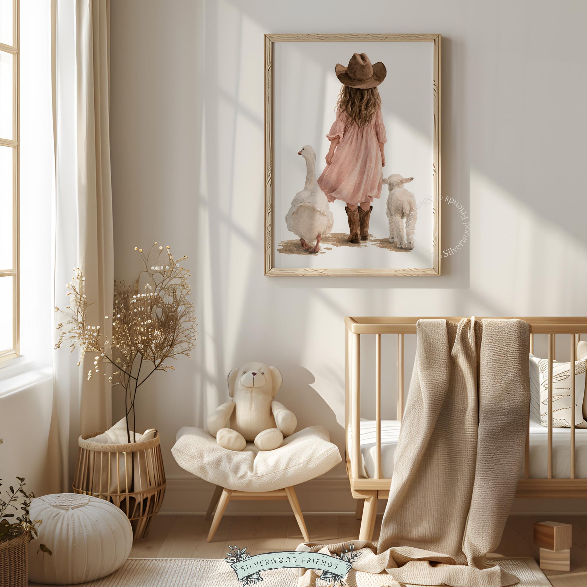 Country child instant download wall art for nursery — peaceful girl with barnyard creatures in soft watercolor style