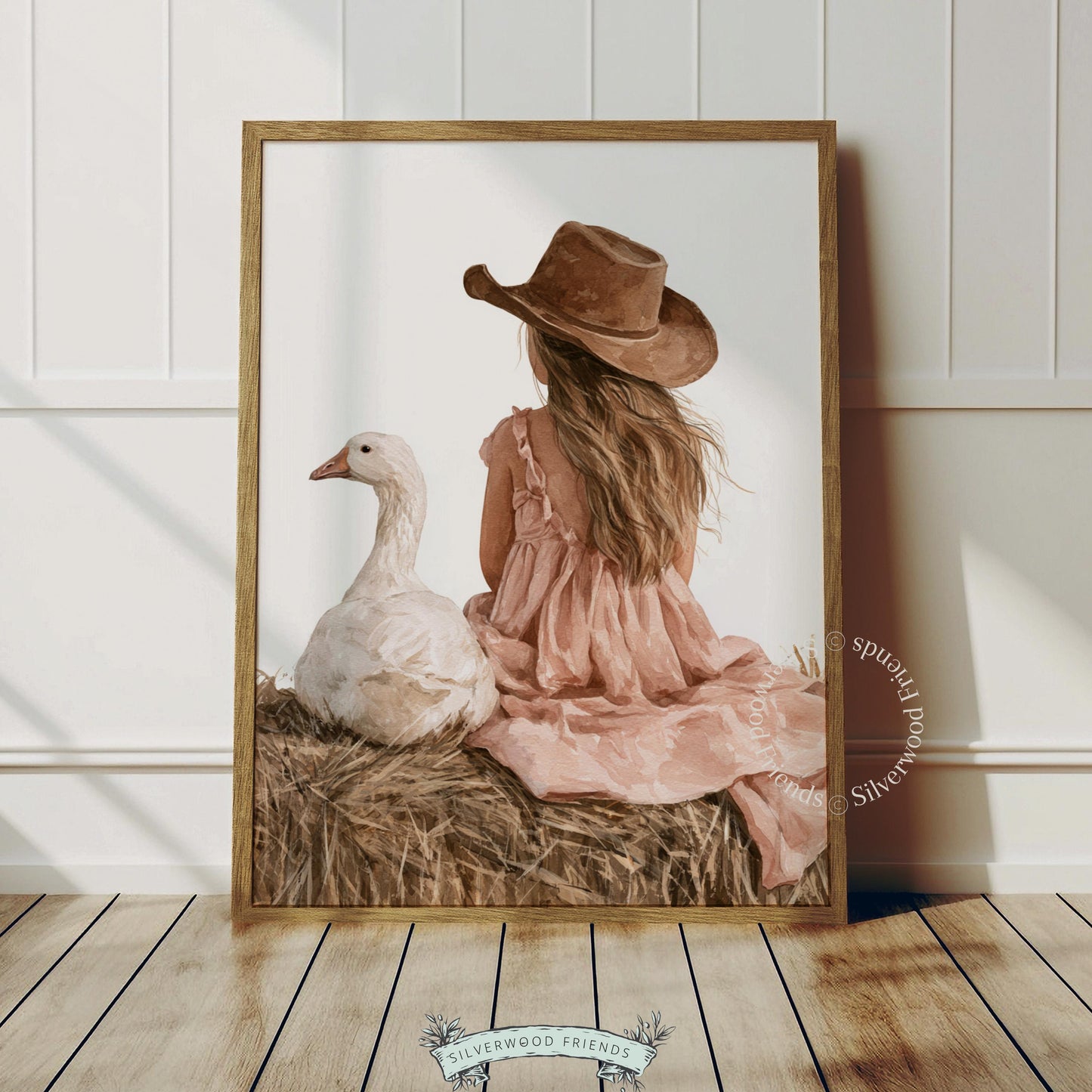 Child sitting beside farm bird wall art for nursery — muted earth tones, serene rural scene