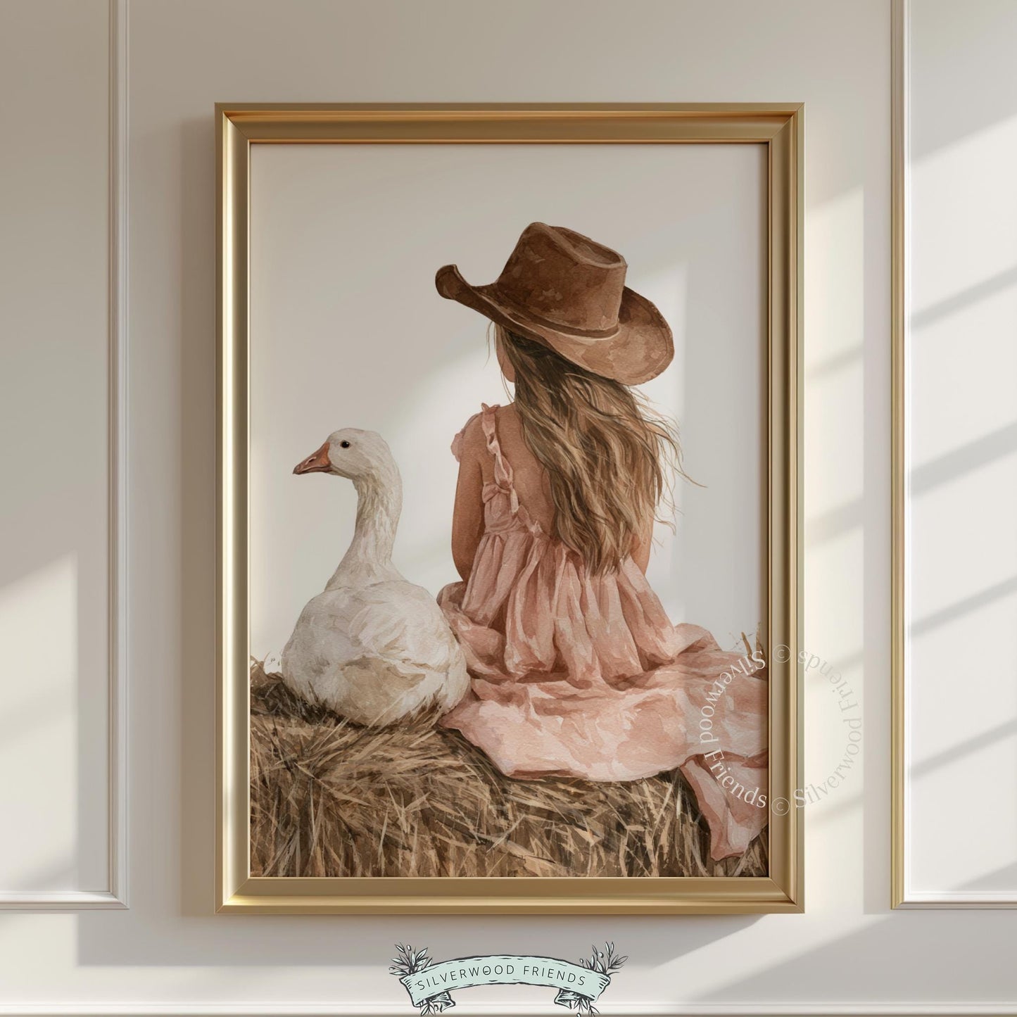Farmhouse girl portrait painting for nursery — seated with waterfowl, earthy color palette