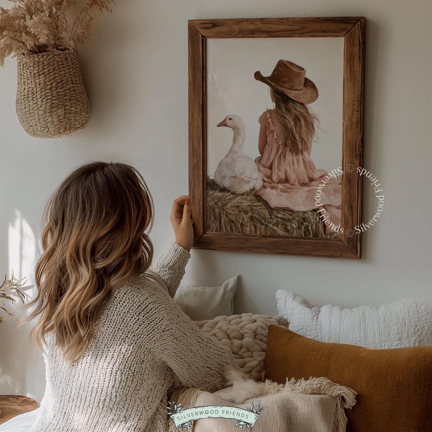 Young girl with goose poster for nursery — dusty pink ruffle dress, farmhouse rustic charm