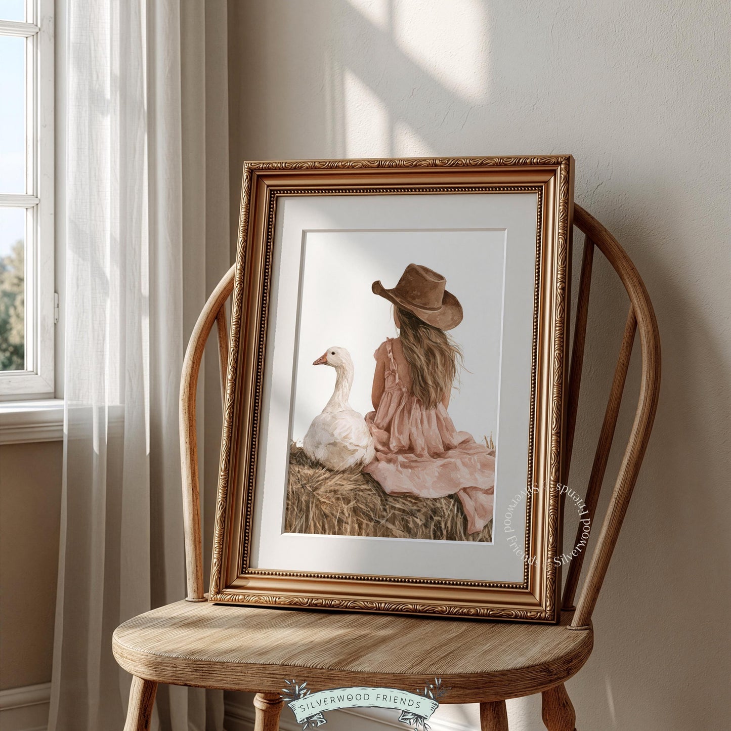 Young farmer aesthetic poster for nursery — child in pink dress with white goose