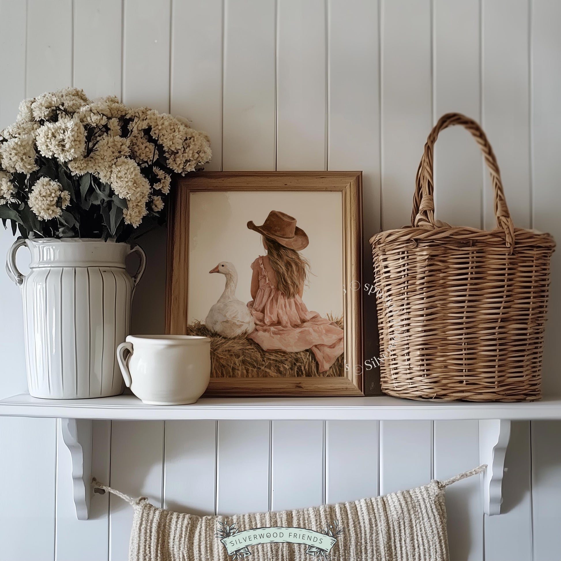 Silly goose farm scene printable art for kids — girl from behind, cozy pastoral charm