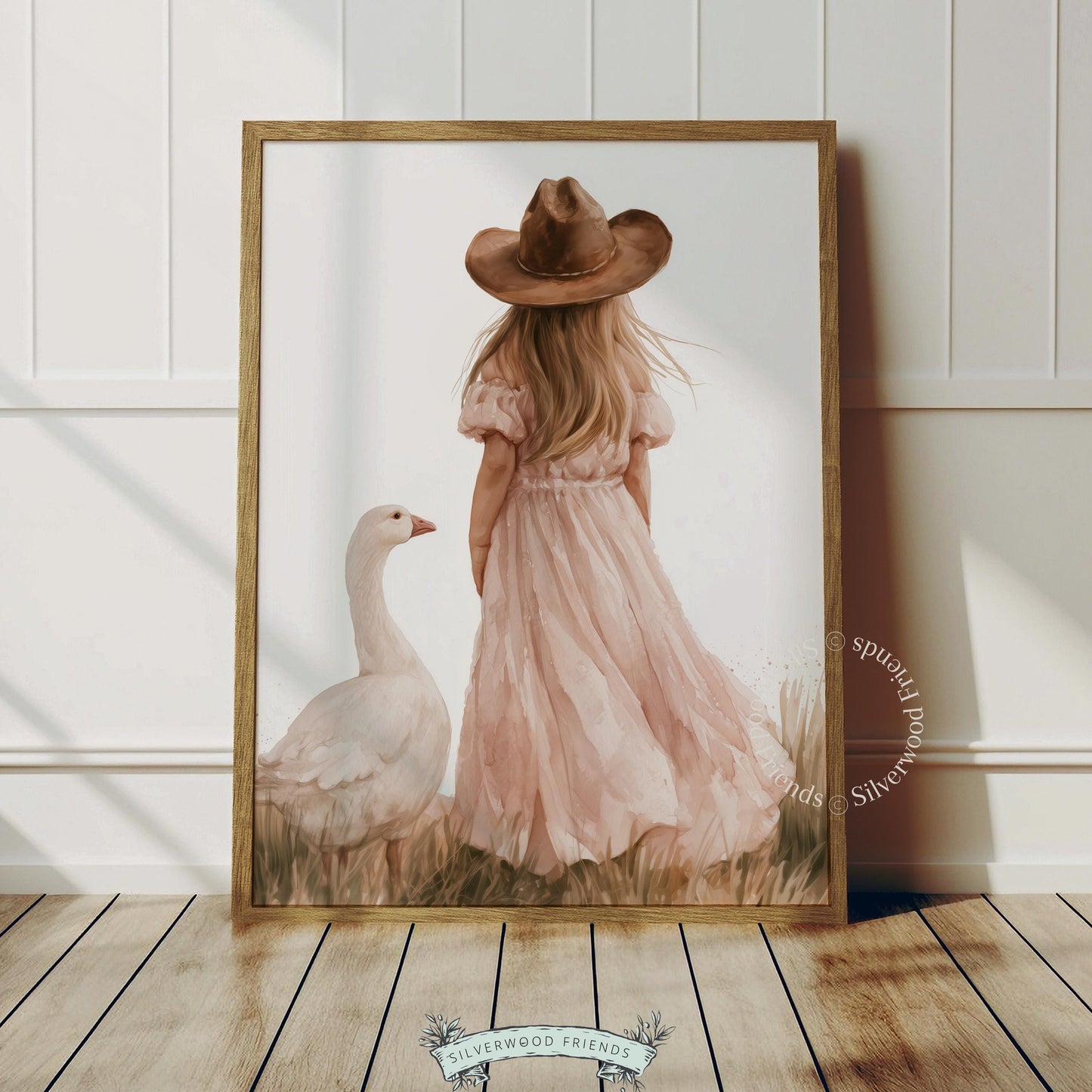 Young girl with goose printable art for nursery — soft pink dress and cottagecore watercolor style