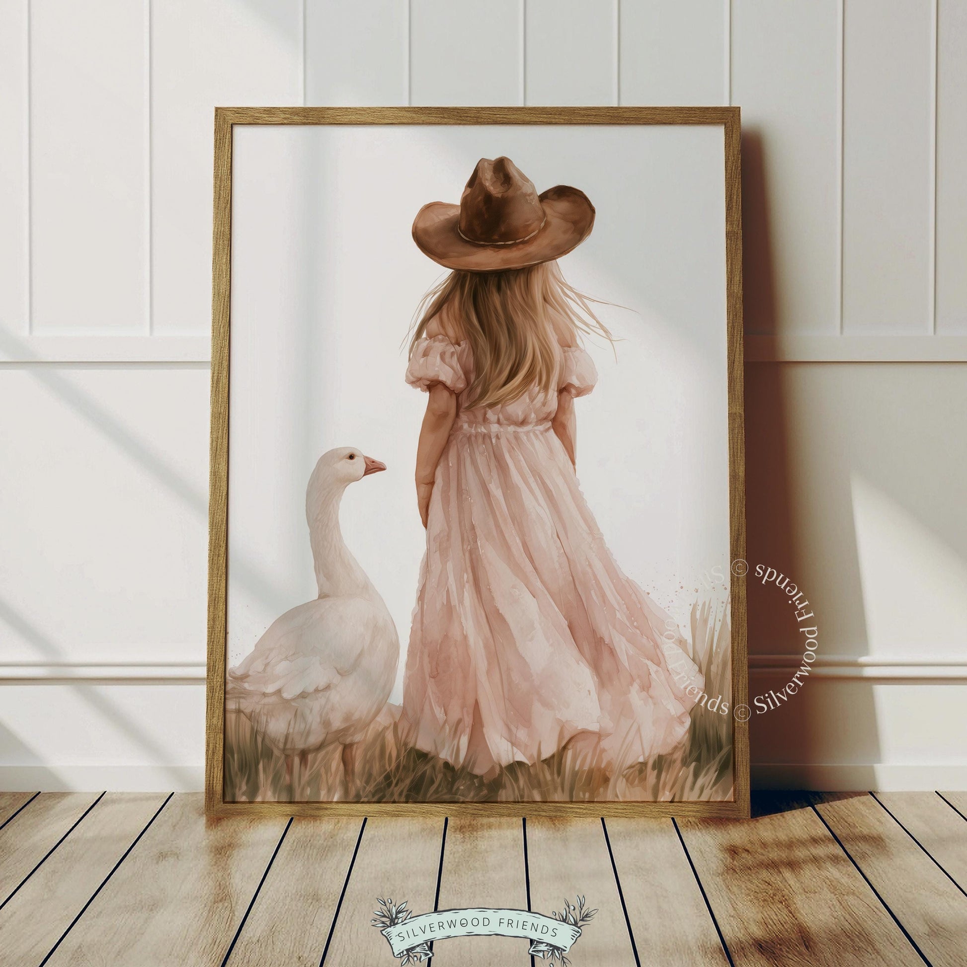 Young girl with goose printable art for nursery — soft pink dress and cottagecore watercolor style