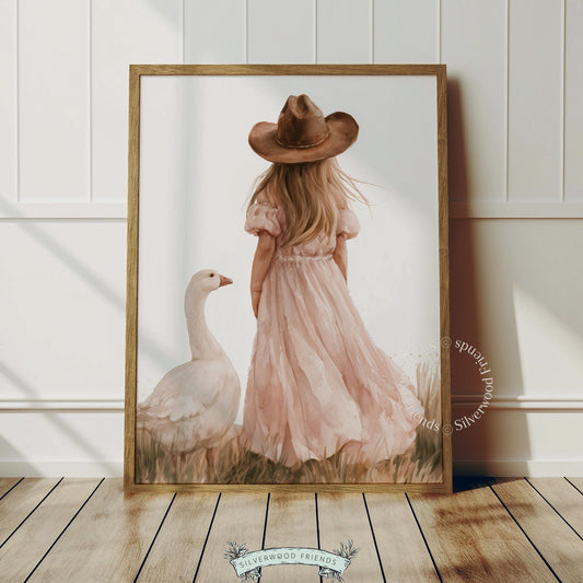 Young girl with goose printable art for nursery — soft pink dress and cottagecore watercolor style