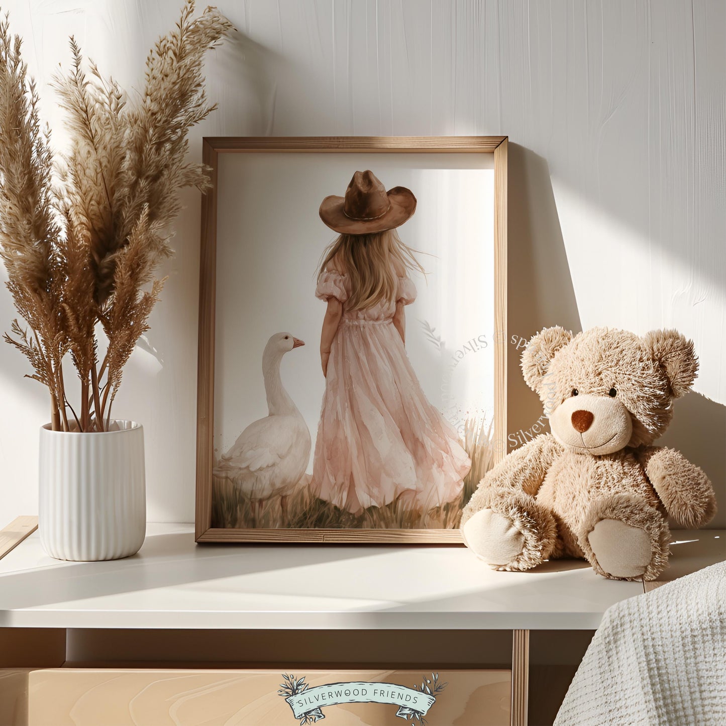 Little farm girl with goose gallery wall print for baby nursery — rustic golden hour palette