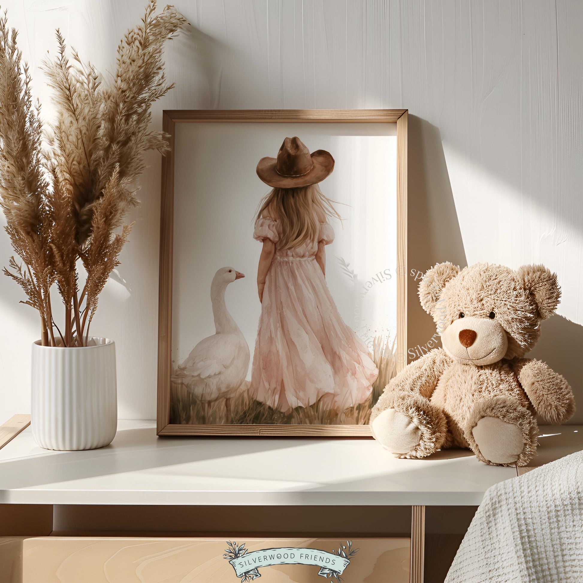 Little farm girl with goose gallery wall print for baby nursery — rustic golden hour palette