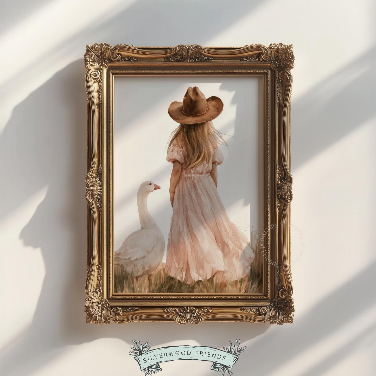 Farm animal nursery print featuring girl and goose — soft pastels and gentle hand-painted feel