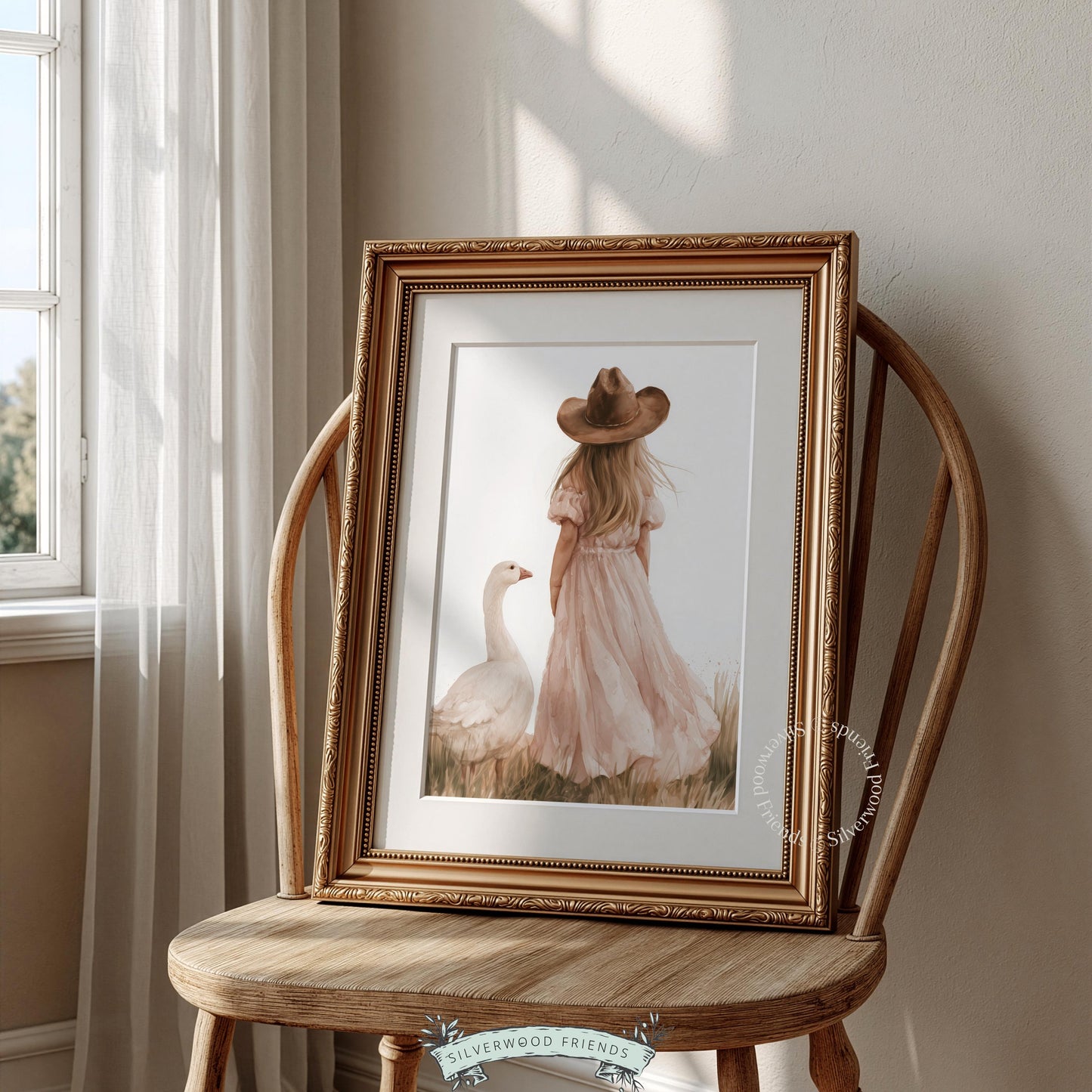 Young girl beside goose instant download art for crib room — cottagecore aesthetic with muted warmth