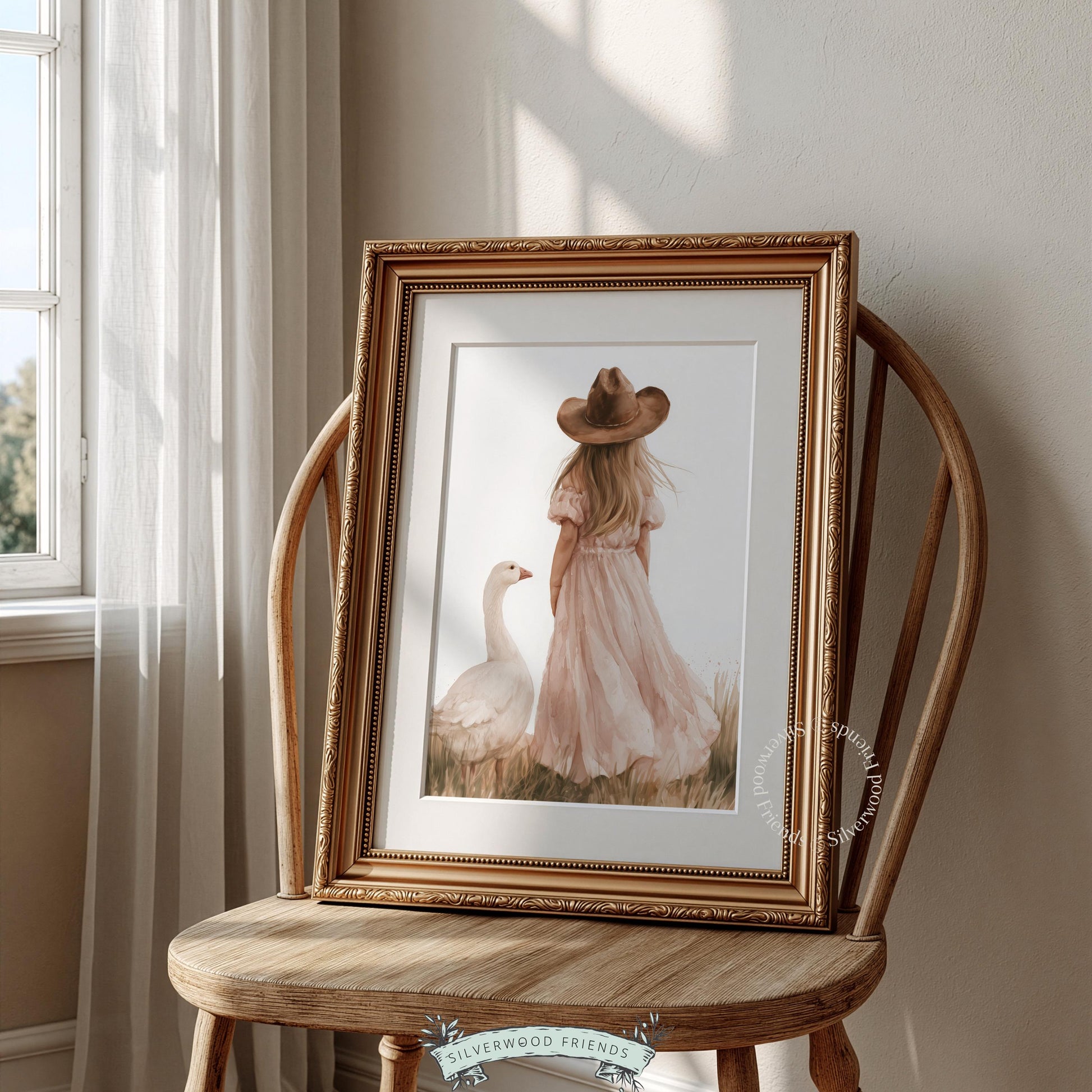 Young girl beside goose instant download art for crib room — cottagecore aesthetic with muted warmth