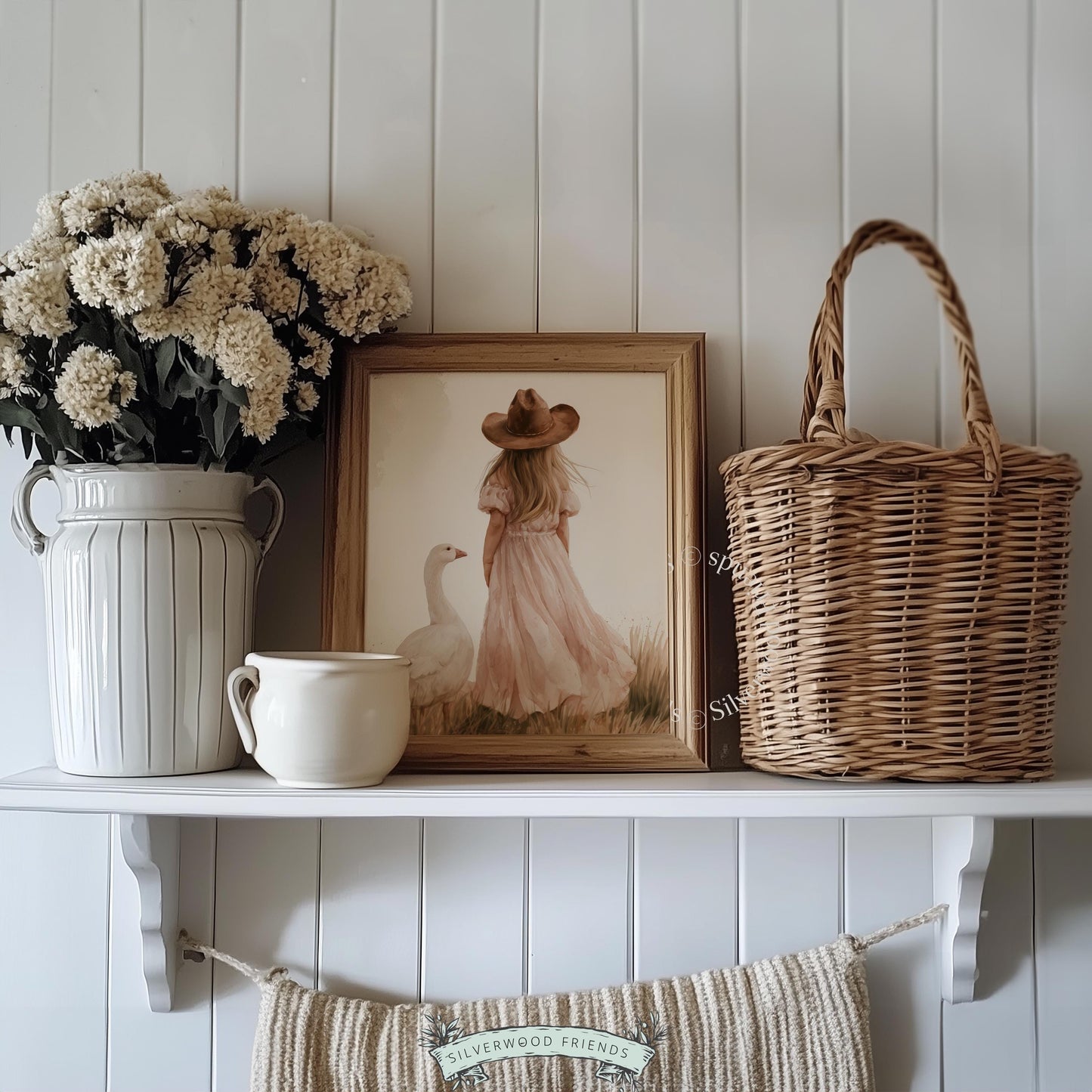 Blonde child beside white goose wall art for farmhouse baby room — warm muted tones and pastoral mood