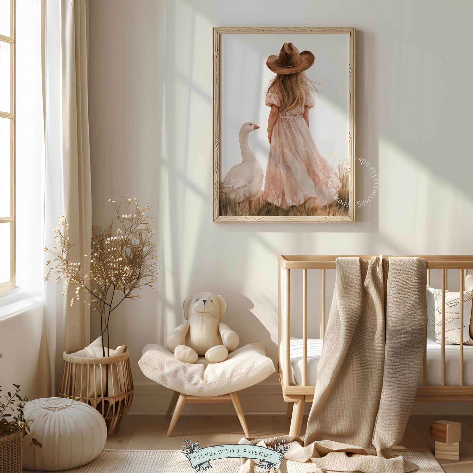 Countryside child portrait poster for playroom — pink-dressed figure in idyllic meadow setting