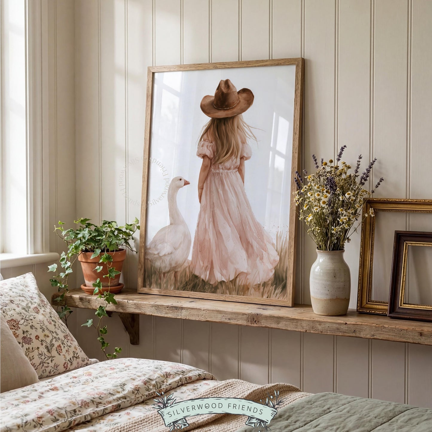Child in brown hat beside white goose digital wall art for kids room — gentle cottagecore charm