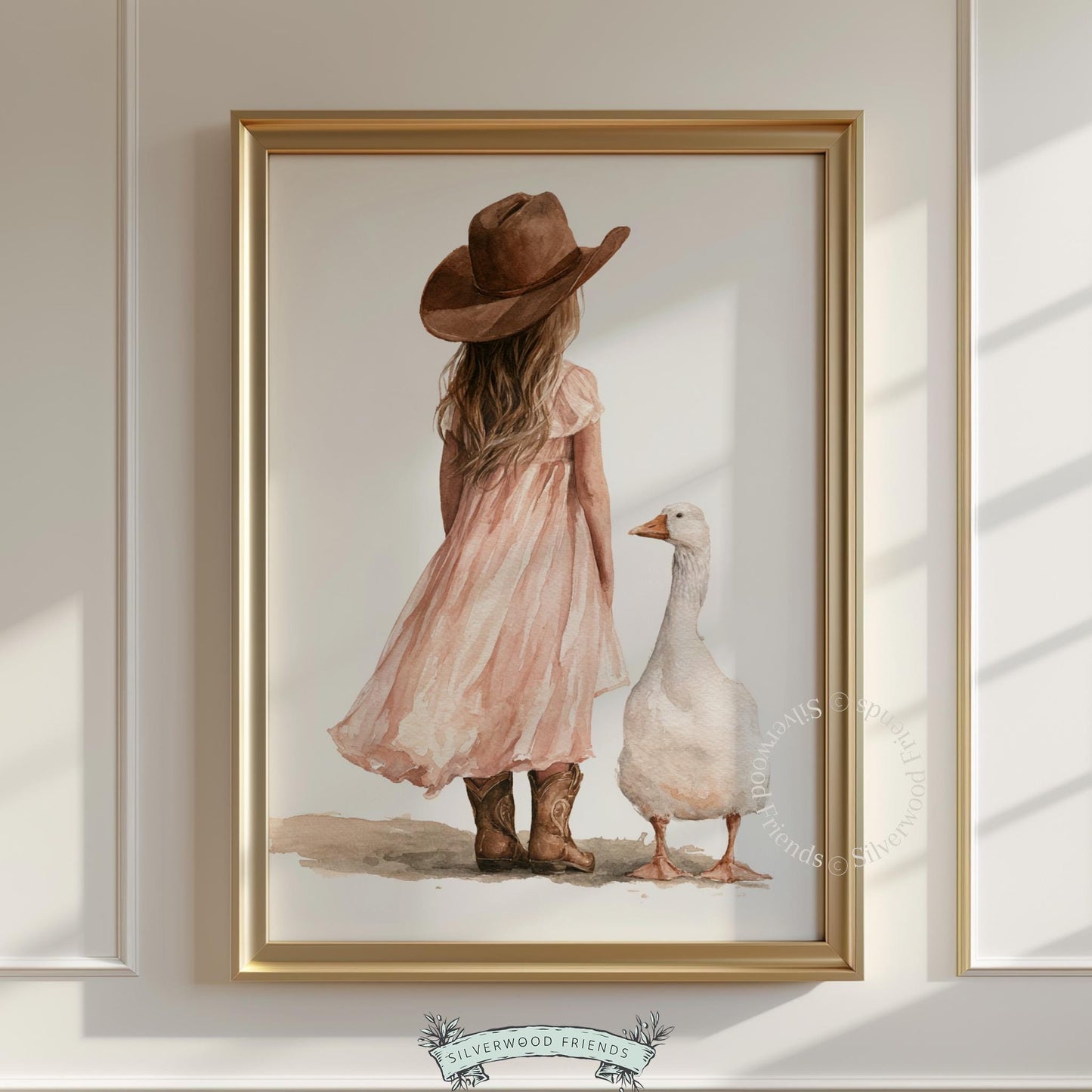 Farm animal nursery print with girl in hat — peaceful storybook illustration, warm color palette