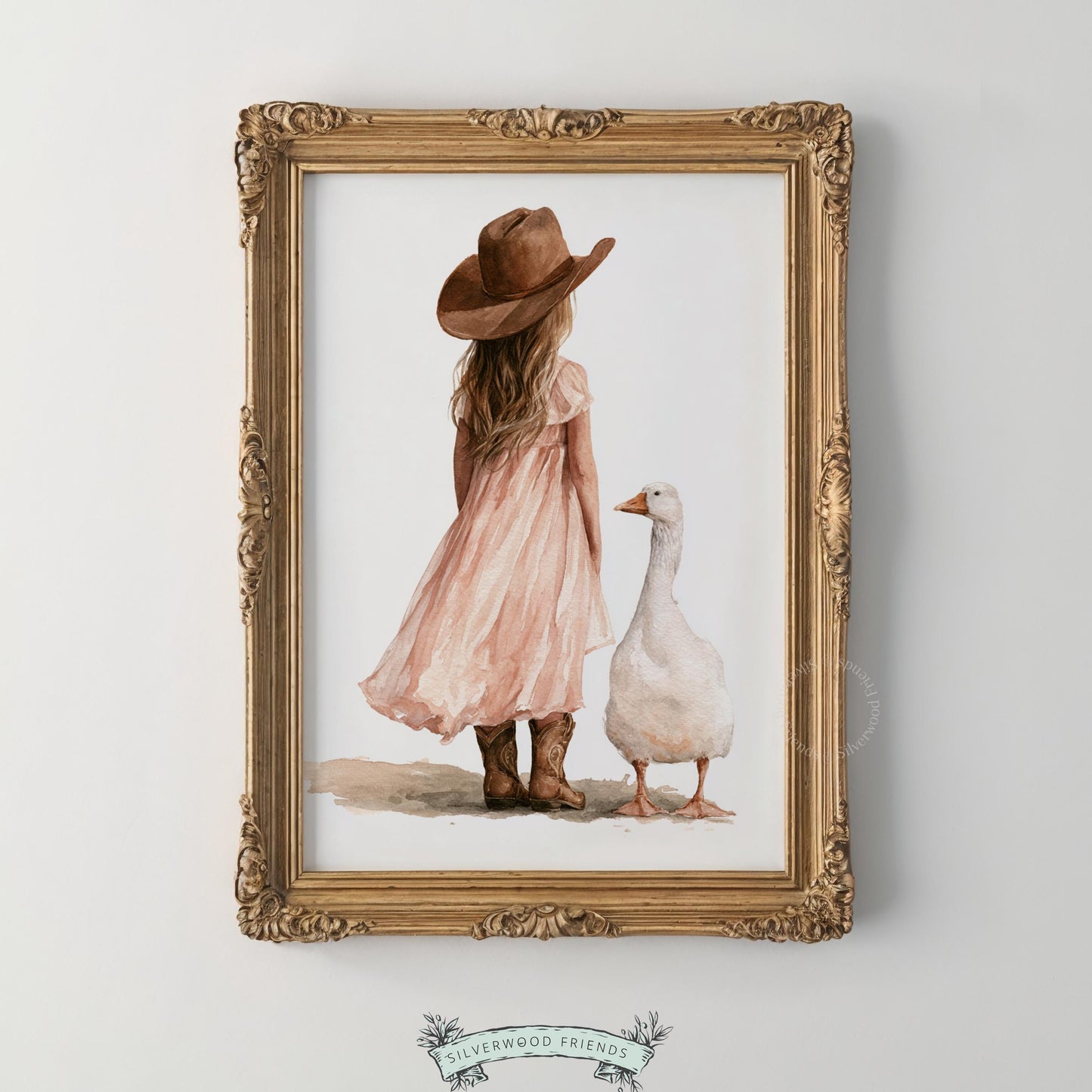 Goose nursery print with girl in boots — gentle watercolor artwork for rustic baby bedroom