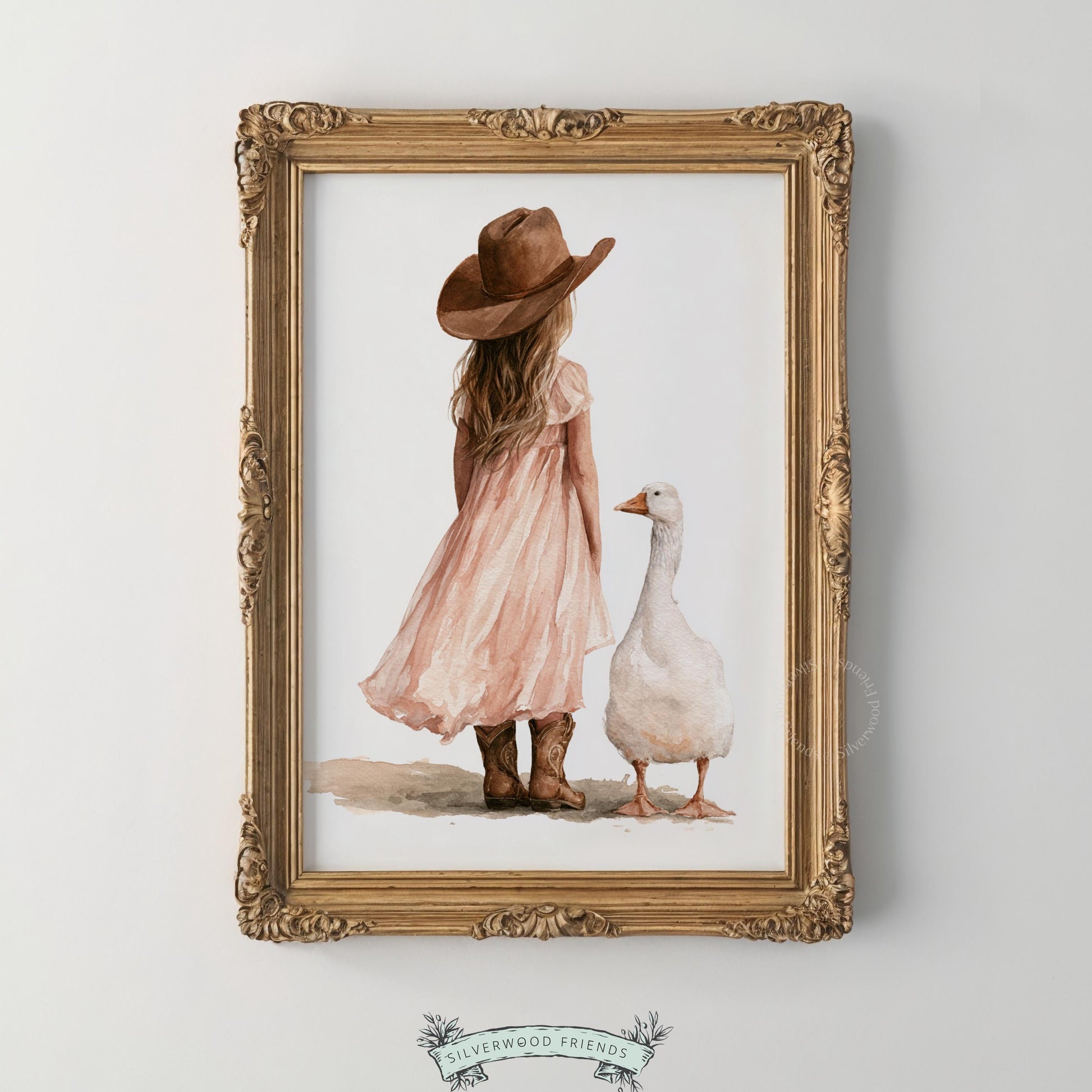 Goose nursery print with girl in boots — gentle watercolor artwork for rustic baby bedroom