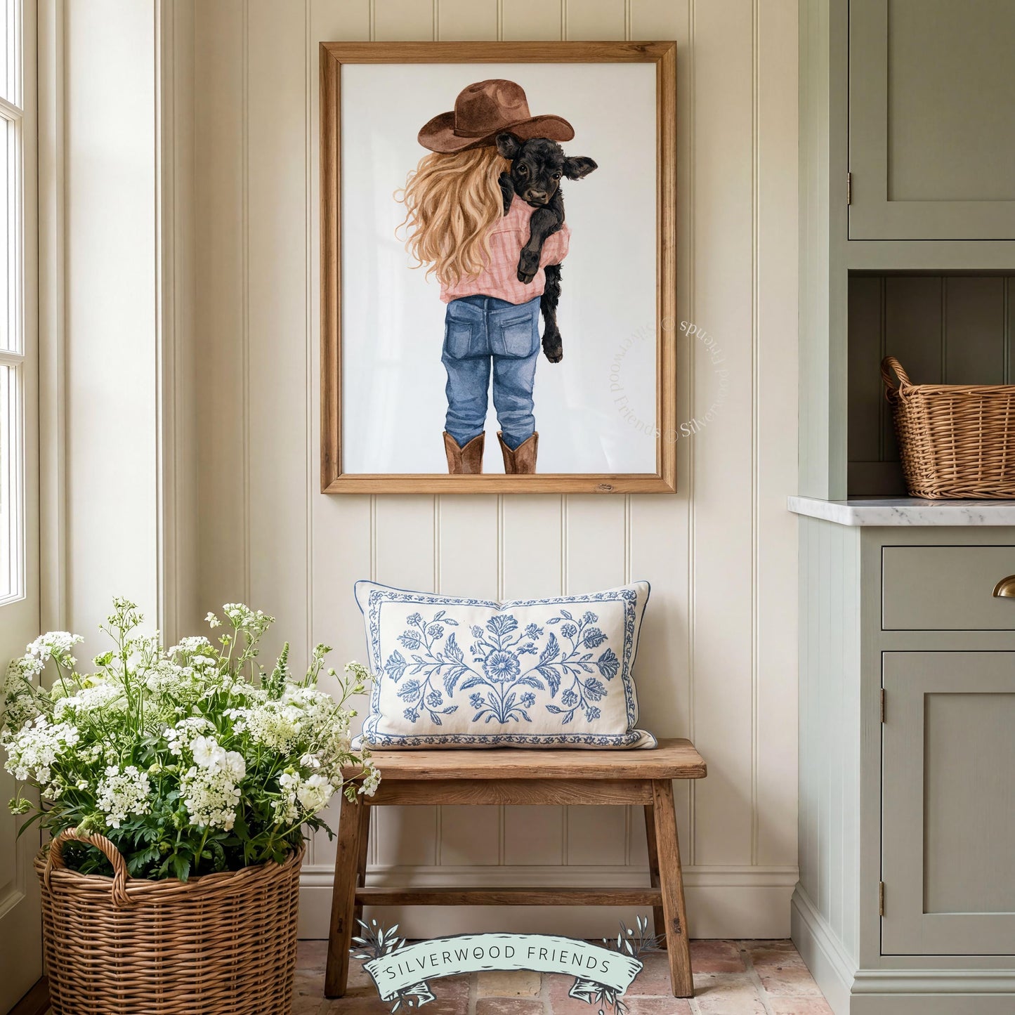 Young girl cradling baby cow poster for kids room — soft watercolor farm animal art with gentle countryside aesthetic