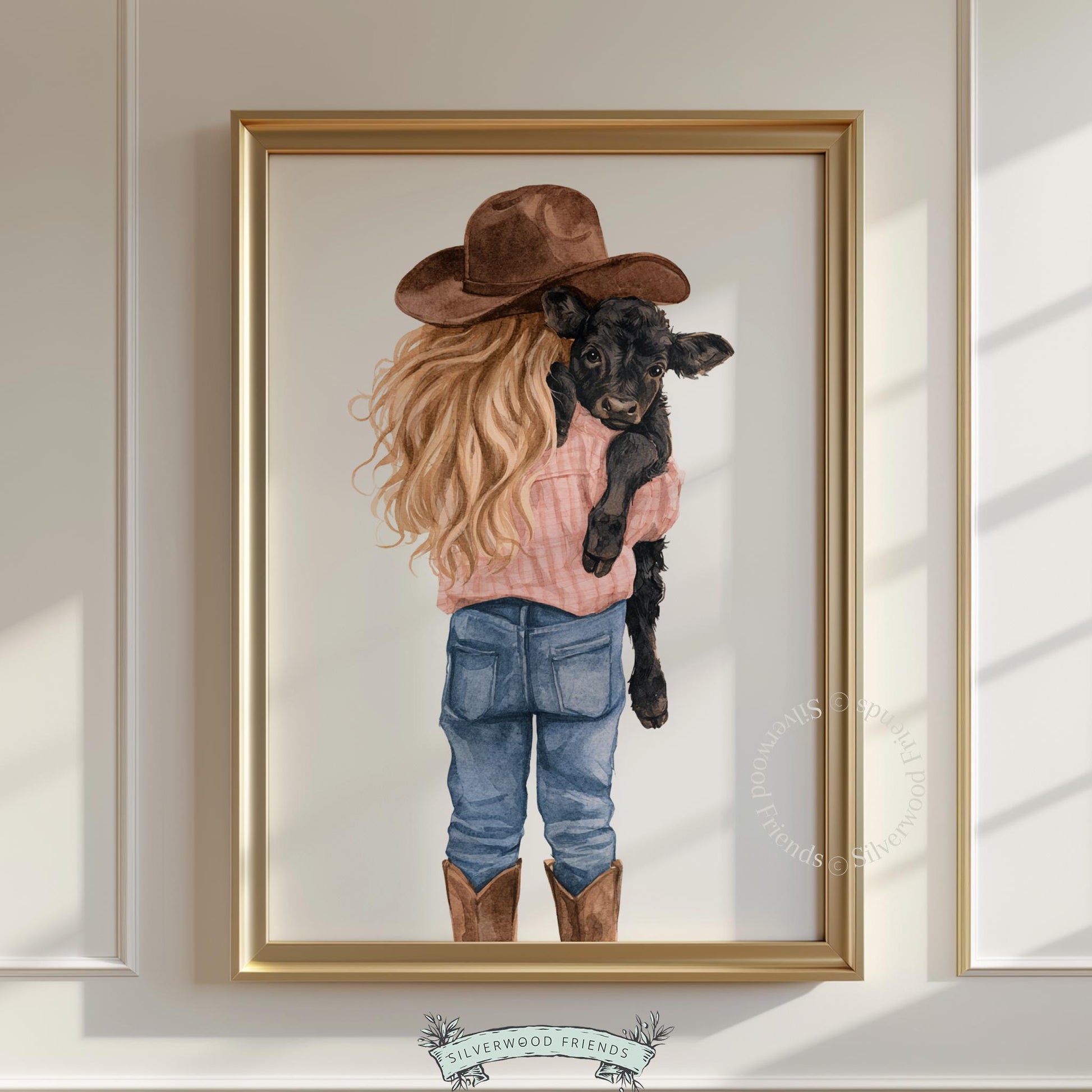 Little girl embracing black calf digital wall art for nursery — charming watercolor farm scene with sweet spirit