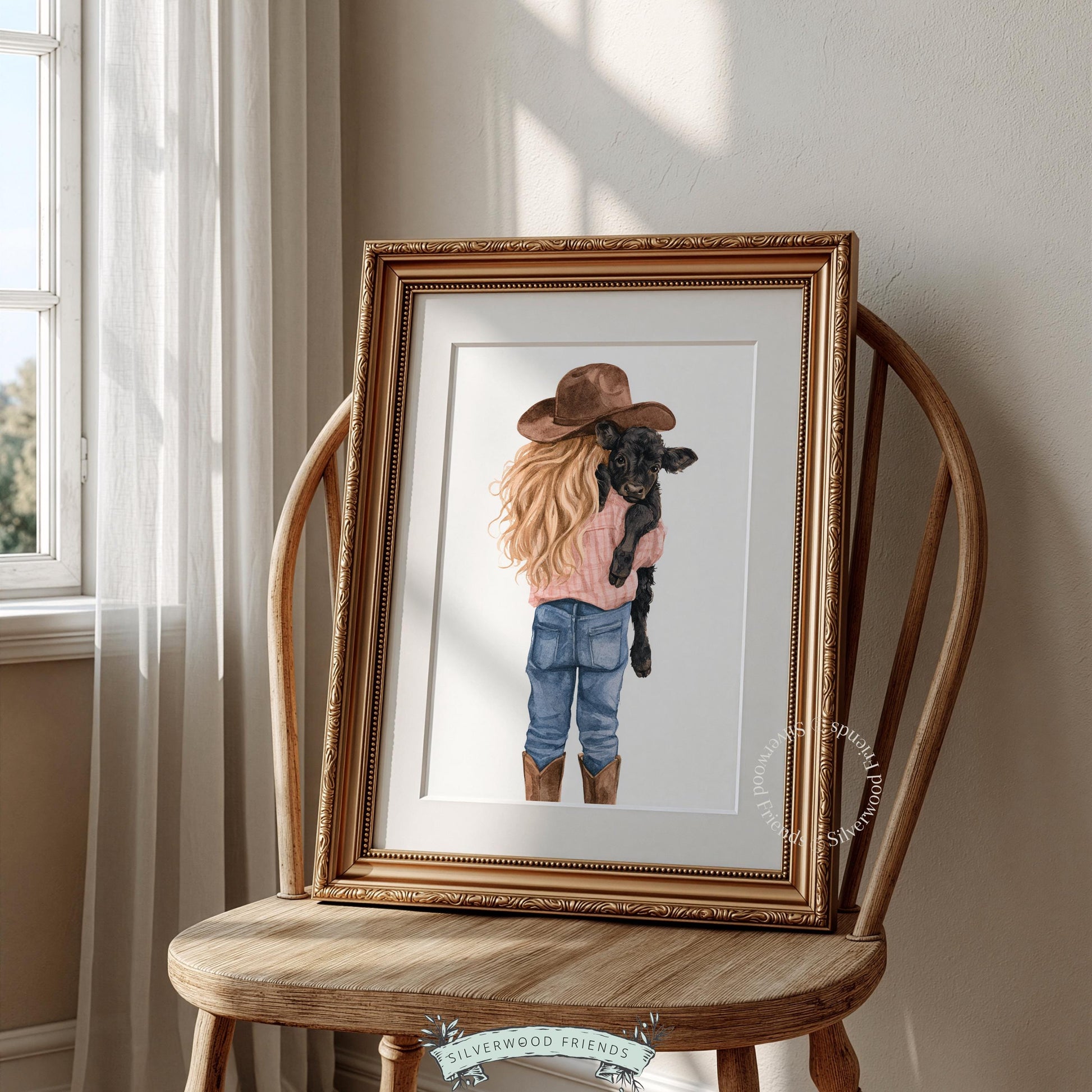 Child holding black calf poster wall decor for farm nursery — soft watercolor style with cozy barn aesthetic
