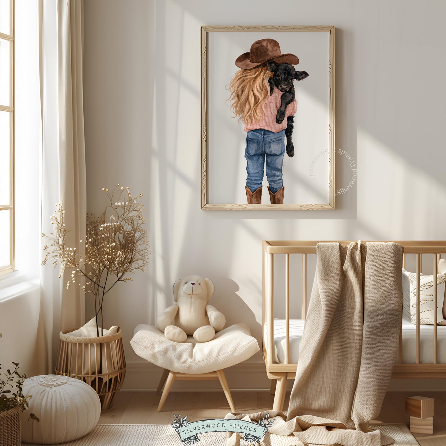 Rear view child and calf wall art for farmhouse nursery — whimsical watercolor painting with rustic appeal