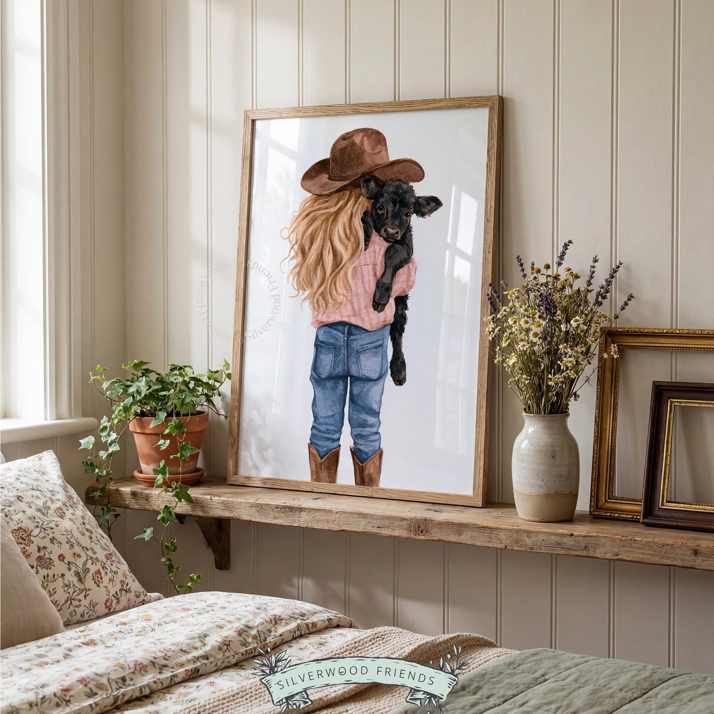 Cowgirl embracing calf picture printable art for toddler room — charming pastoral watercolor with innocent mood