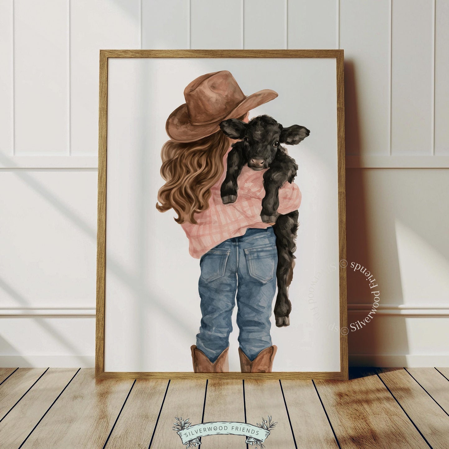 Girl in plaid shirt with calf instant download art for playroom — warm countryside illustration style