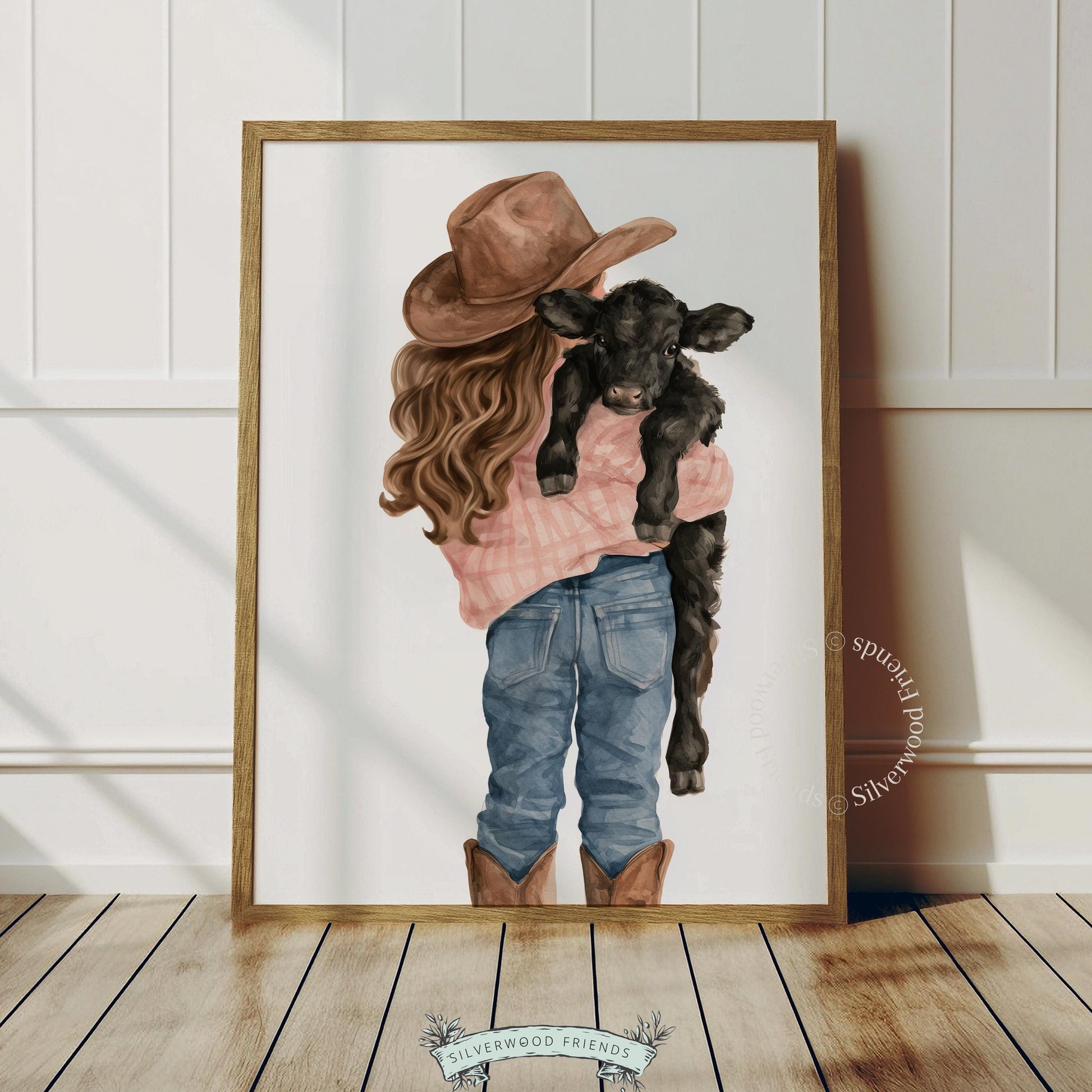 Girl in plaid shirt with calf instant download art for playroom — warm countryside illustration style