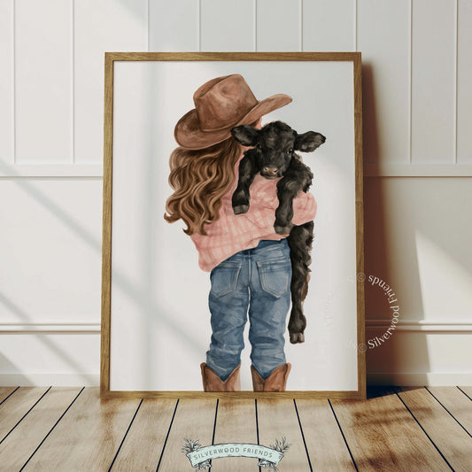 Girl in plaid shirt with calf instant download art for playroom — warm countryside illustration style