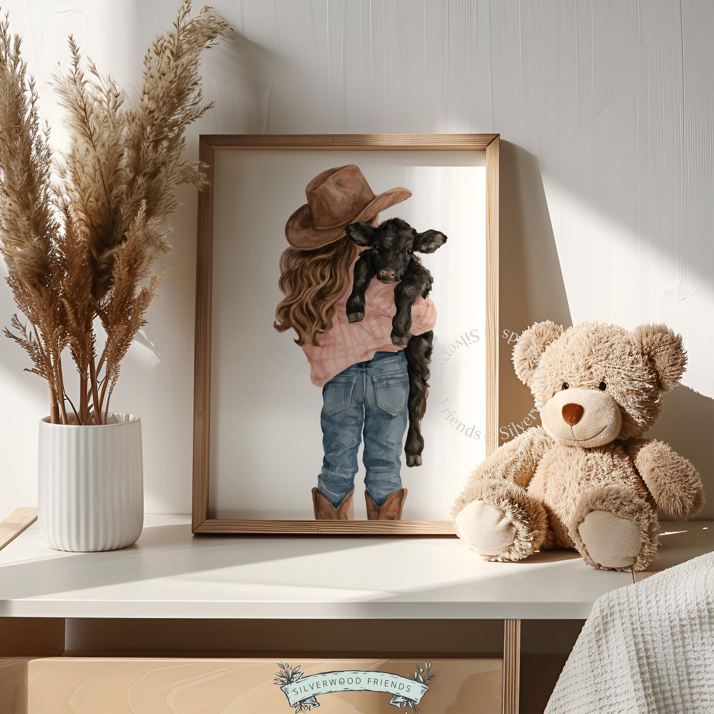 Girl and baby livestock gallery wall art for kids room — heartfelt pastoral digital download