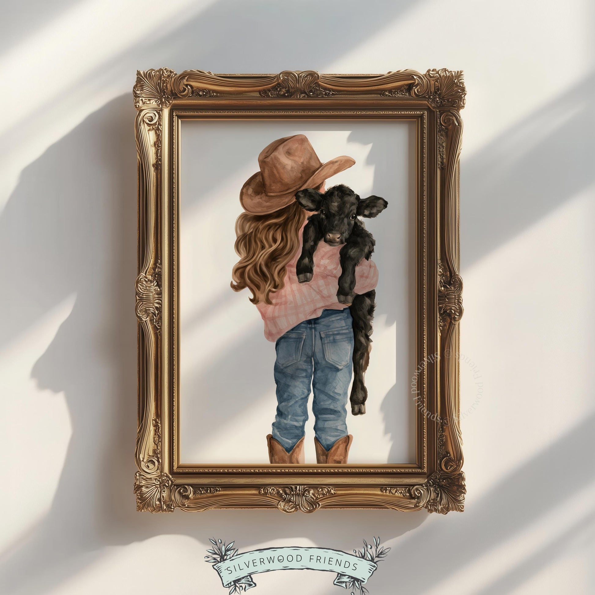 Cowboy hat girl cradling baby bovine poster for ranch nursery — gentle watercolor farmland artwork