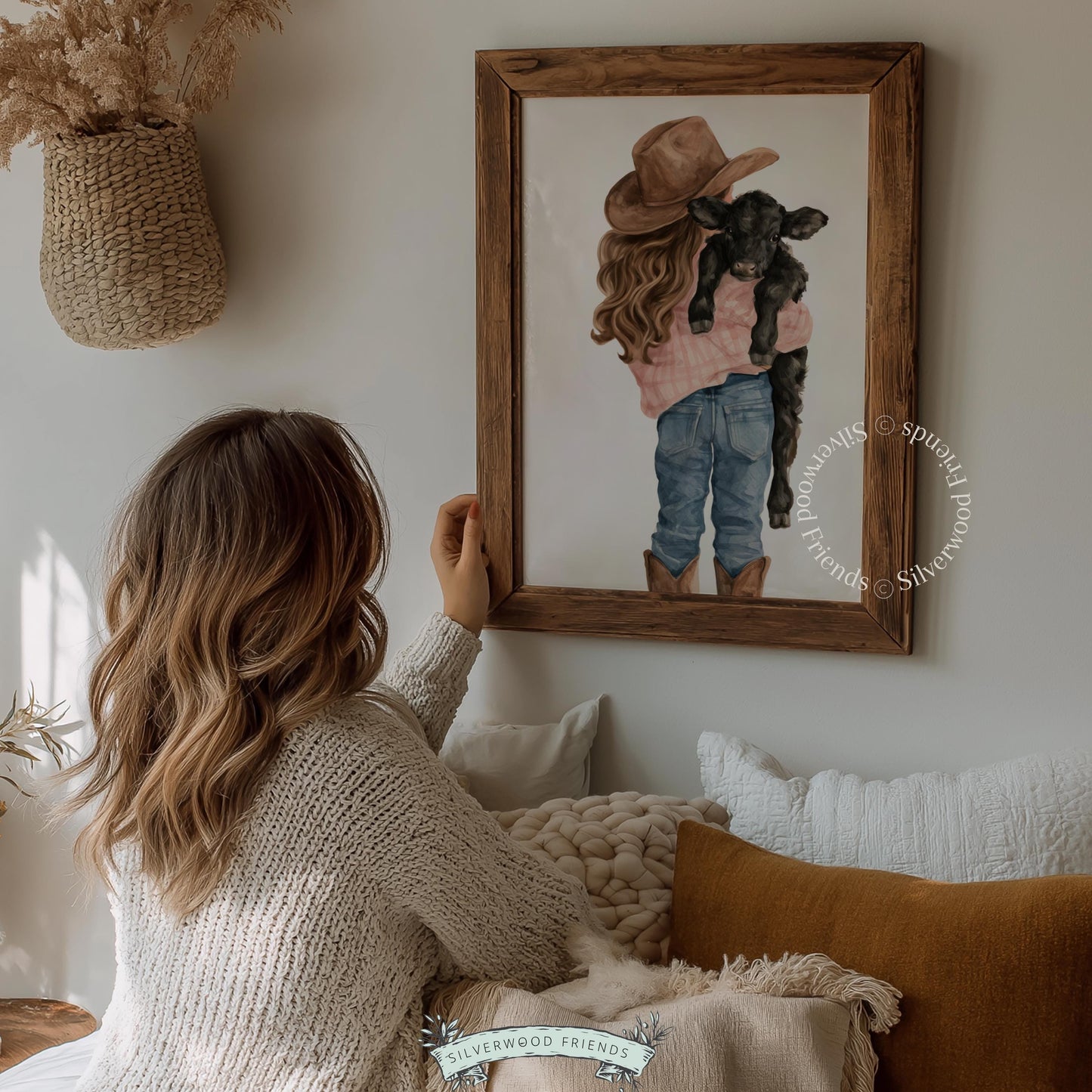 Little girl cradling black calf digital print for ranch bedroom — soft pastoral countryside aesthetic
