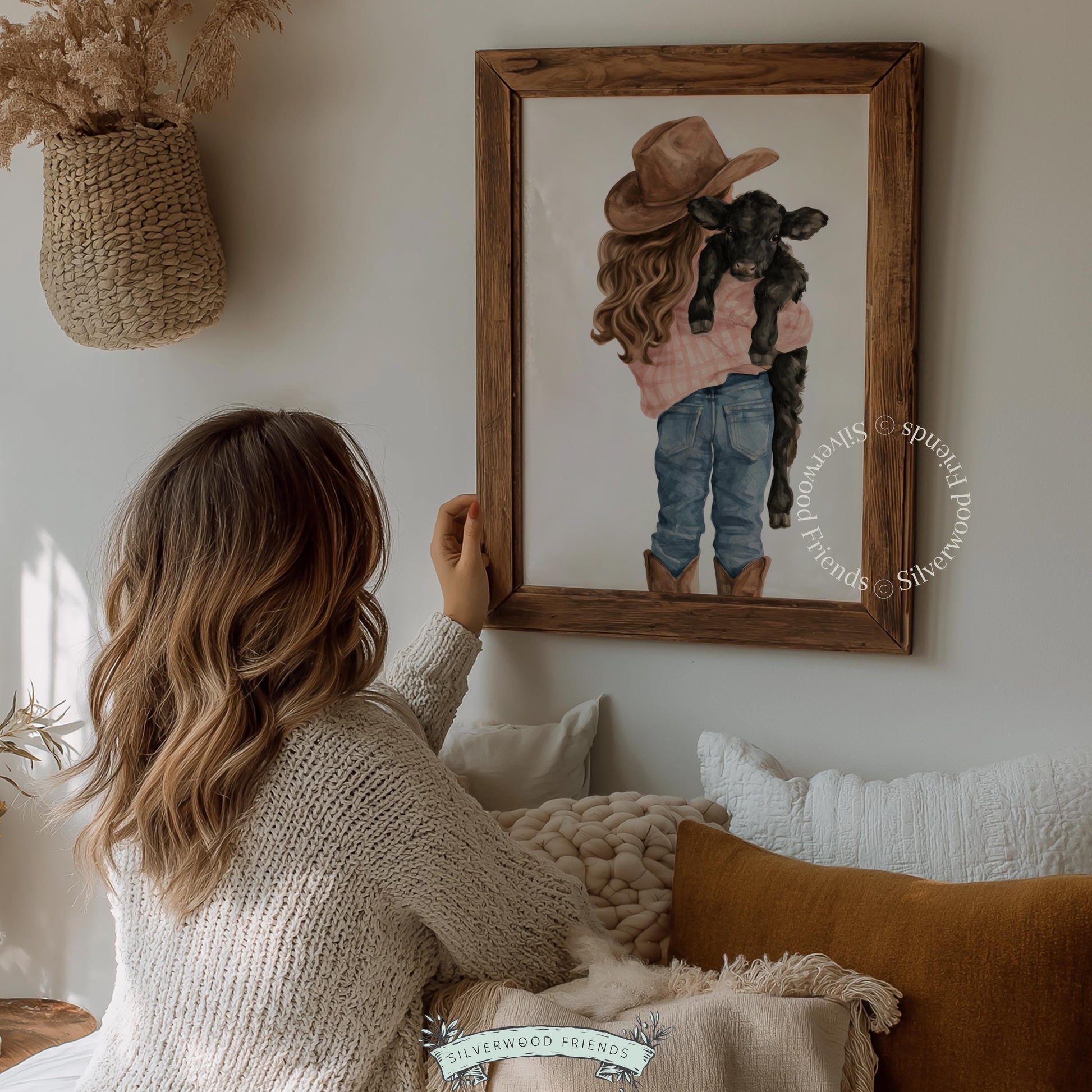 Little girl cradling black calf digital print for ranch bedroom — soft pastoral countryside aesthetic