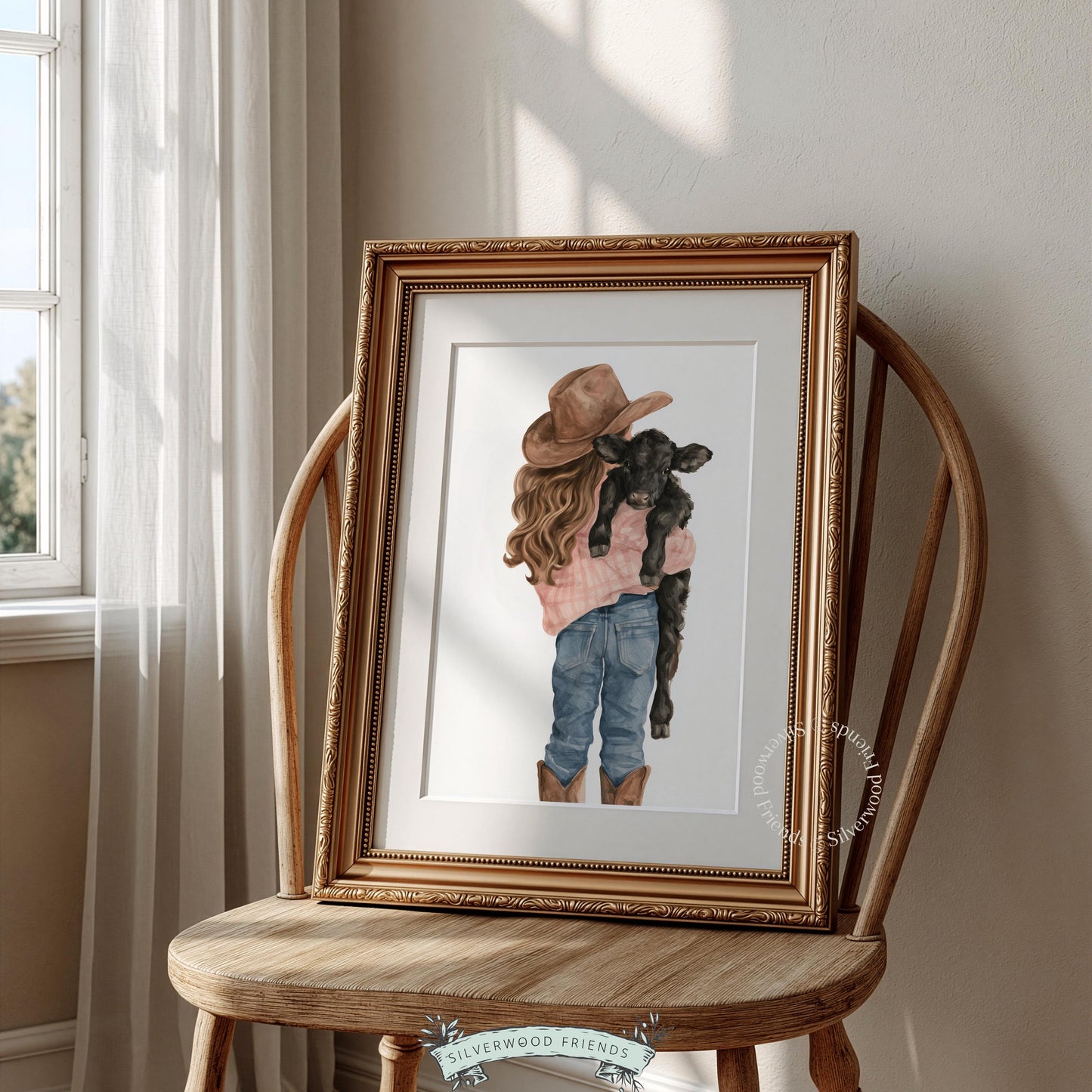 Young girl holding calf printable artwork for western-themed room — warm pastoral illustration for children