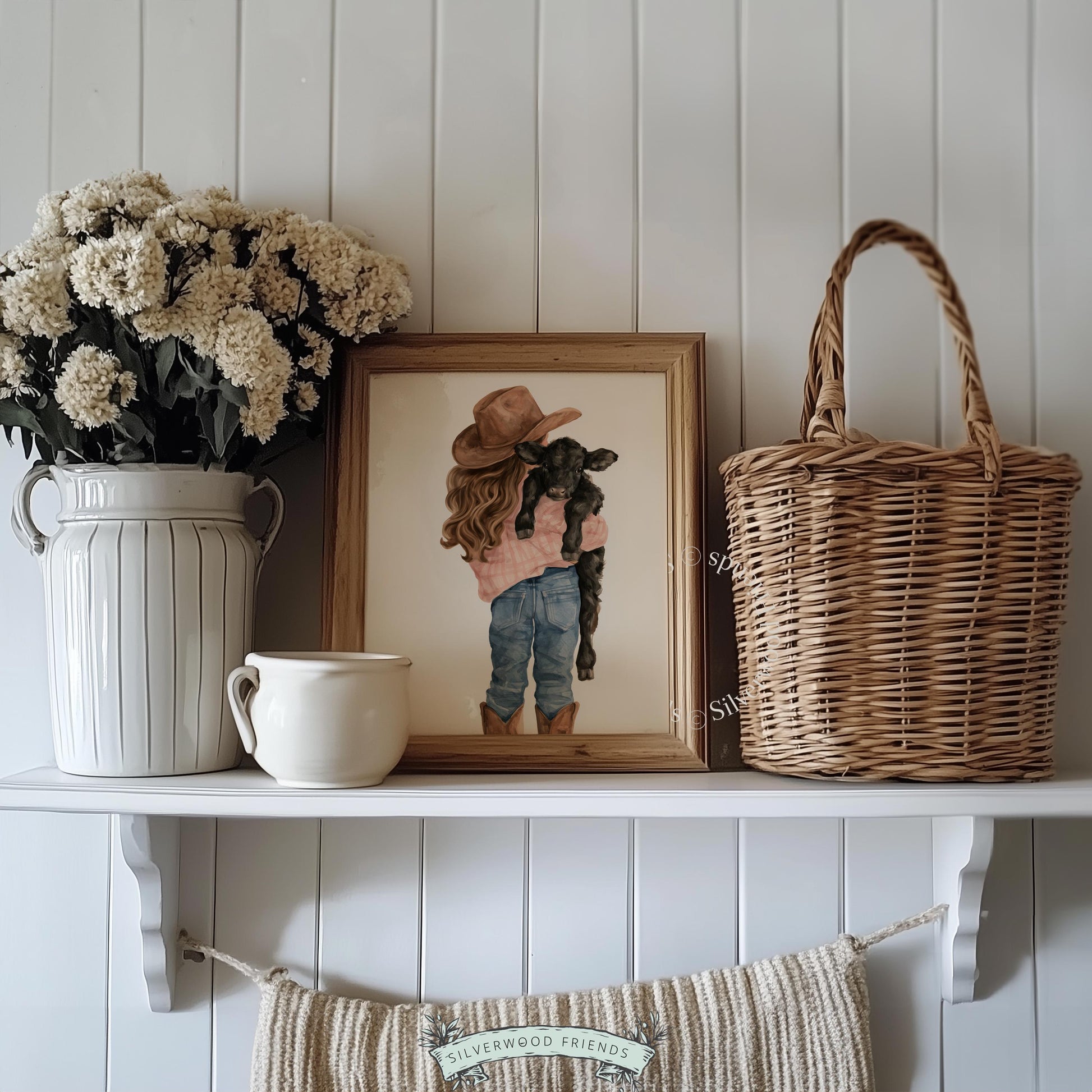 Cowboy-hat girl with calf digital print for farm baby nursery — sweet countryside watercolor with rustic elegance