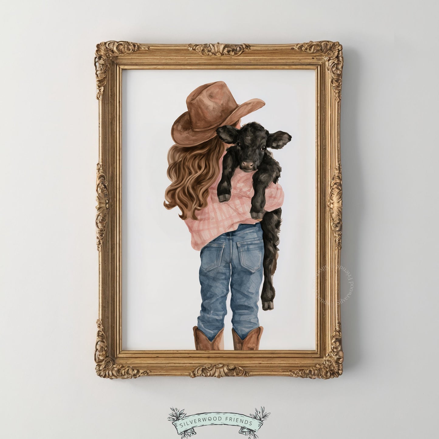 Little girl holding black calf printable picture for farmhouse nursery — peaceful countryside aesthetic