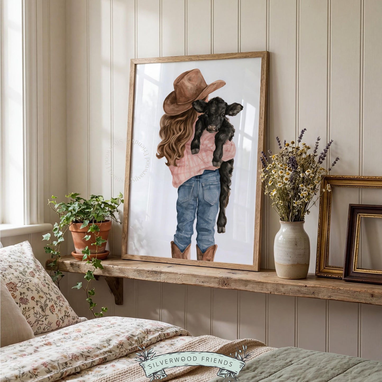 Cowgirl embracing calf instant download poster for country nursery — gentle watercolor farmstead mood