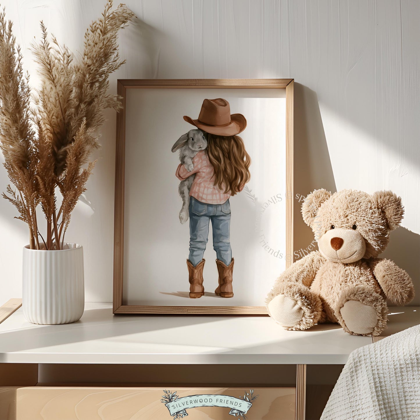 Girl from behind cuddling rabbit picture for nursery — soft neutral palette with cozy farmhouse vibe
