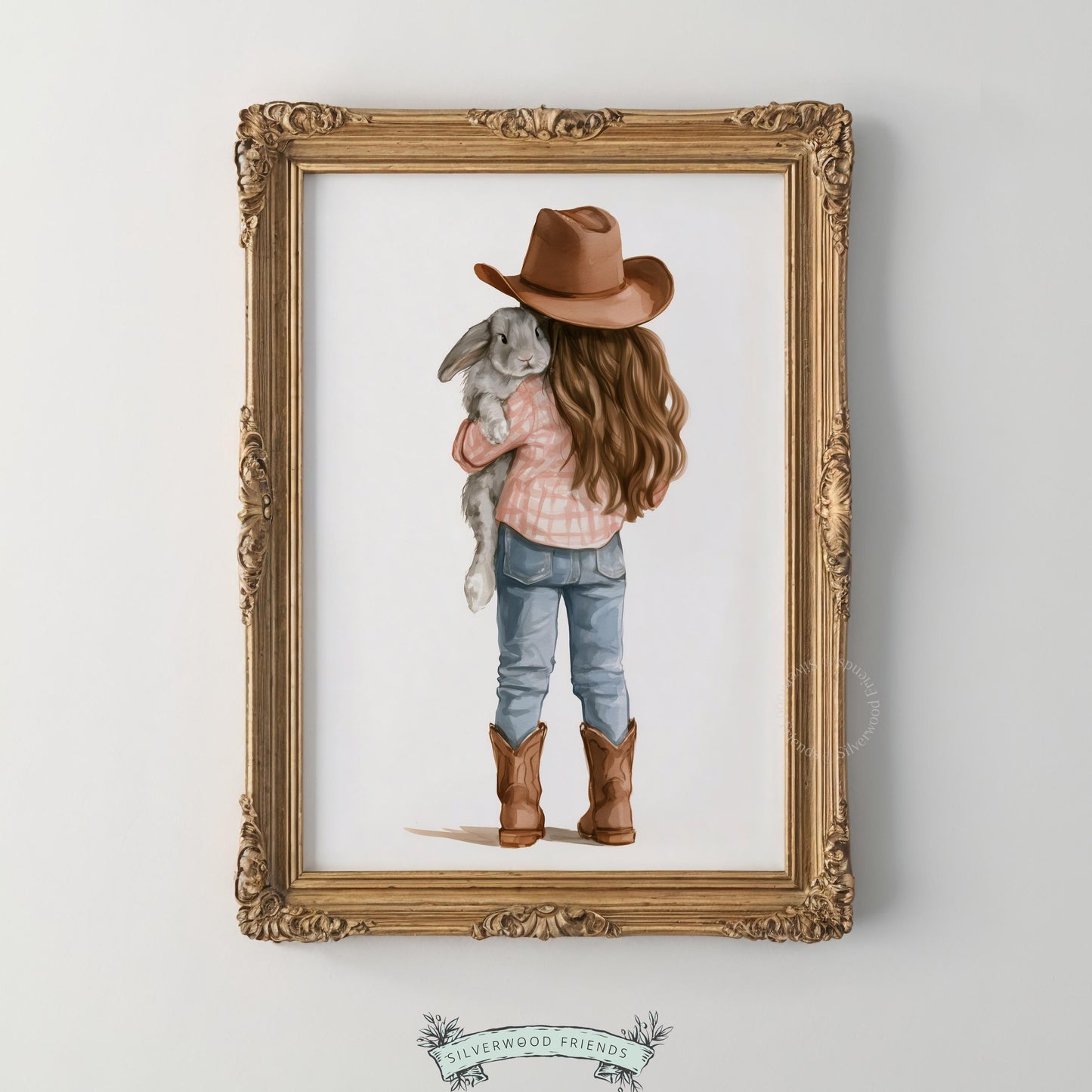 Cowgirl from behind with rabbit poster for farm-themed nursery — sweet botanical-inspired watercolor style