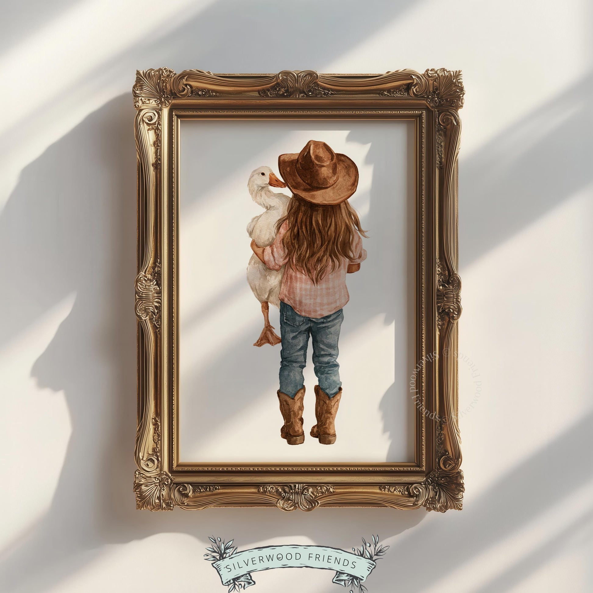 Cowgirl portrait with duck wall print for kids bedroom — gentle illustration ideal for western-themed nursery decor